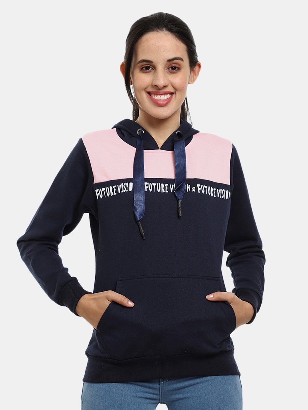 

V-Mart Women Navy Blue & Pink Colourblocked Hooded Sweatshirt