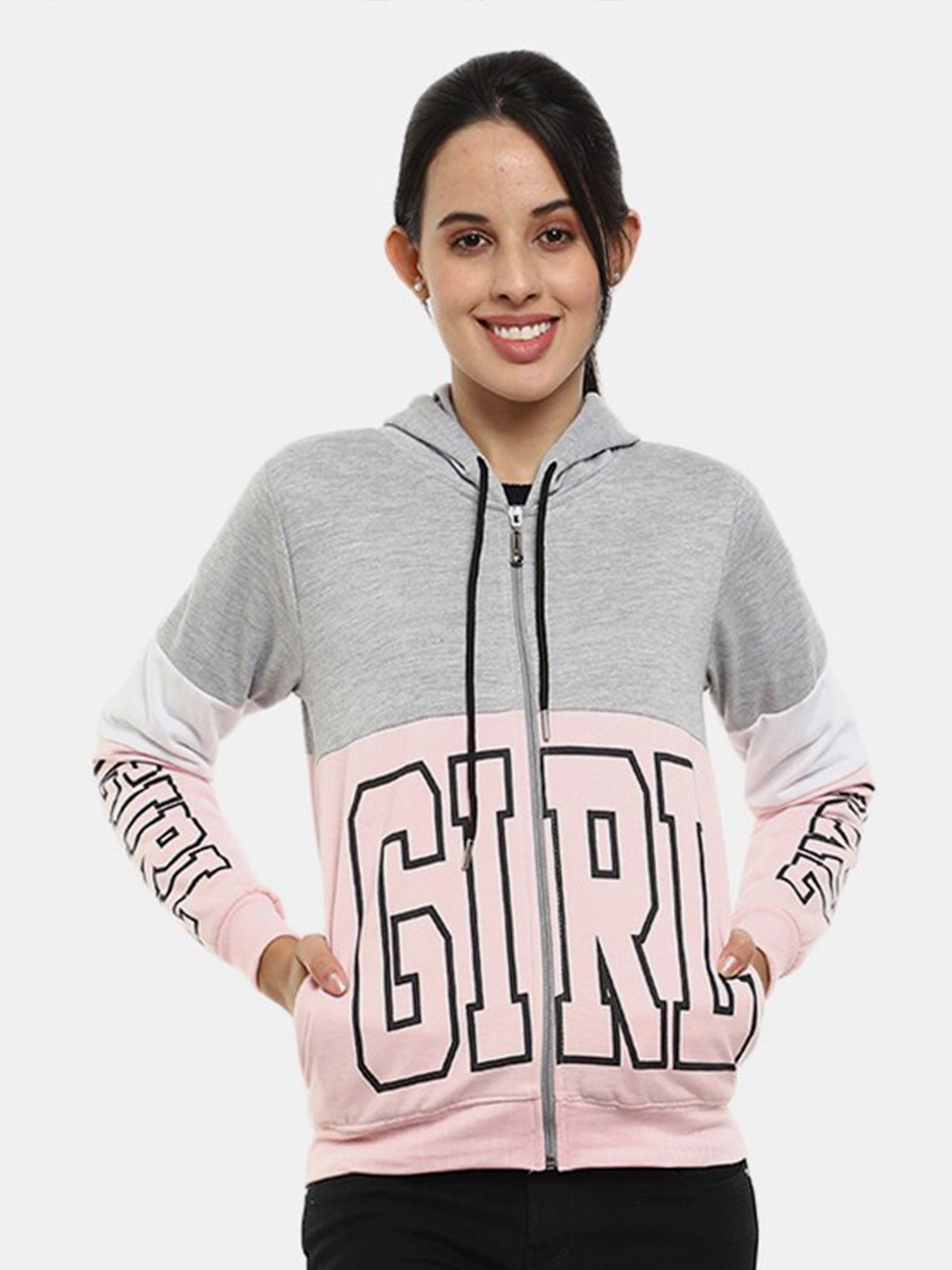 

V-Mart Women Pink & Grey Colourblocked Hooded Sweatshirt