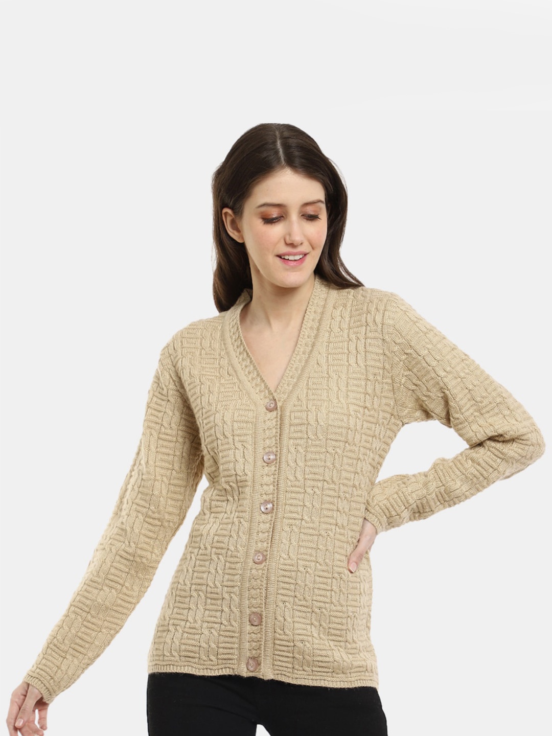 

V-Mart Women Beige Cable Knit Fleece Cardigan