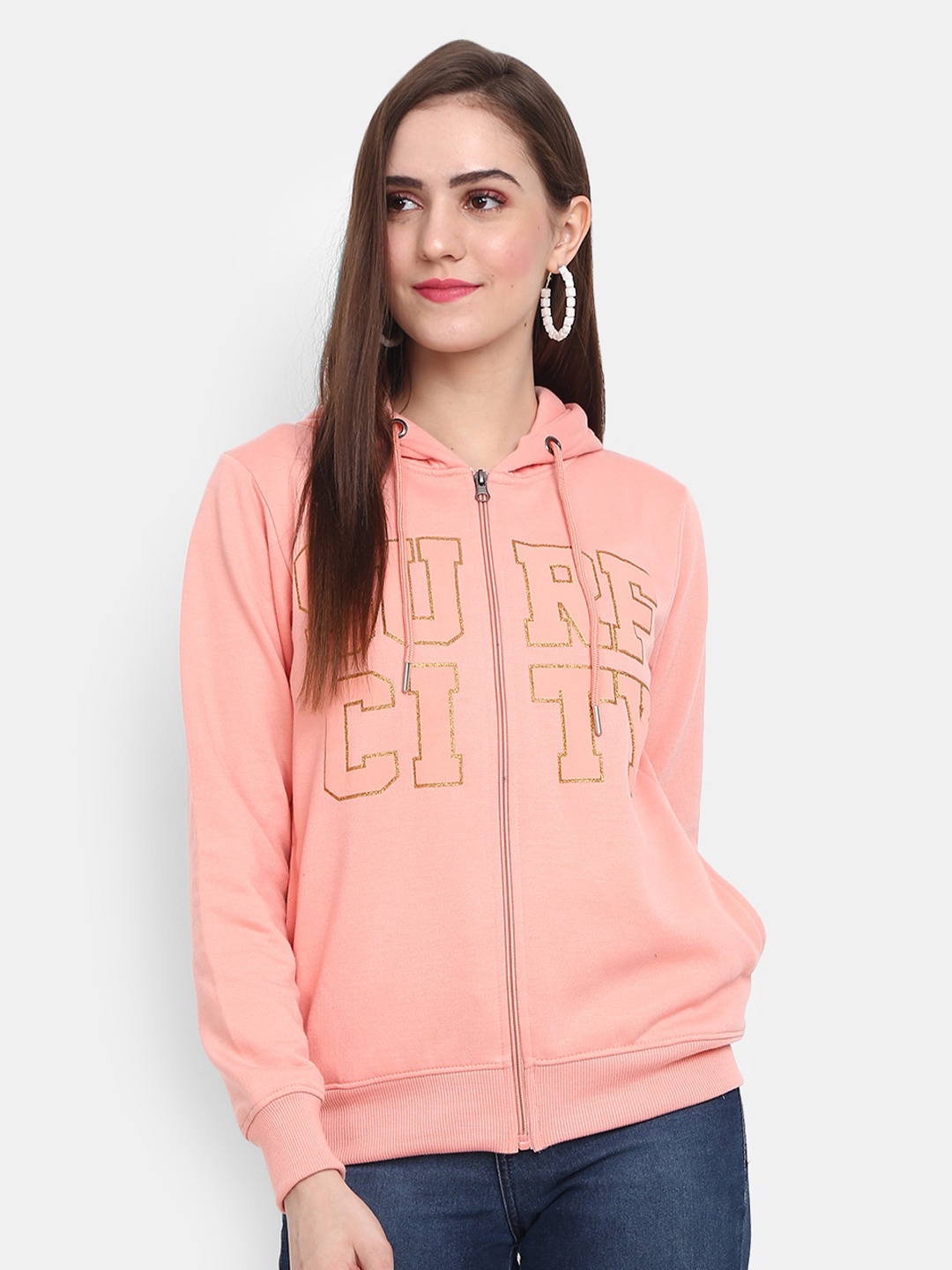 

V-Mart Women Peach Printed Hooded Fleece Sweatshirt