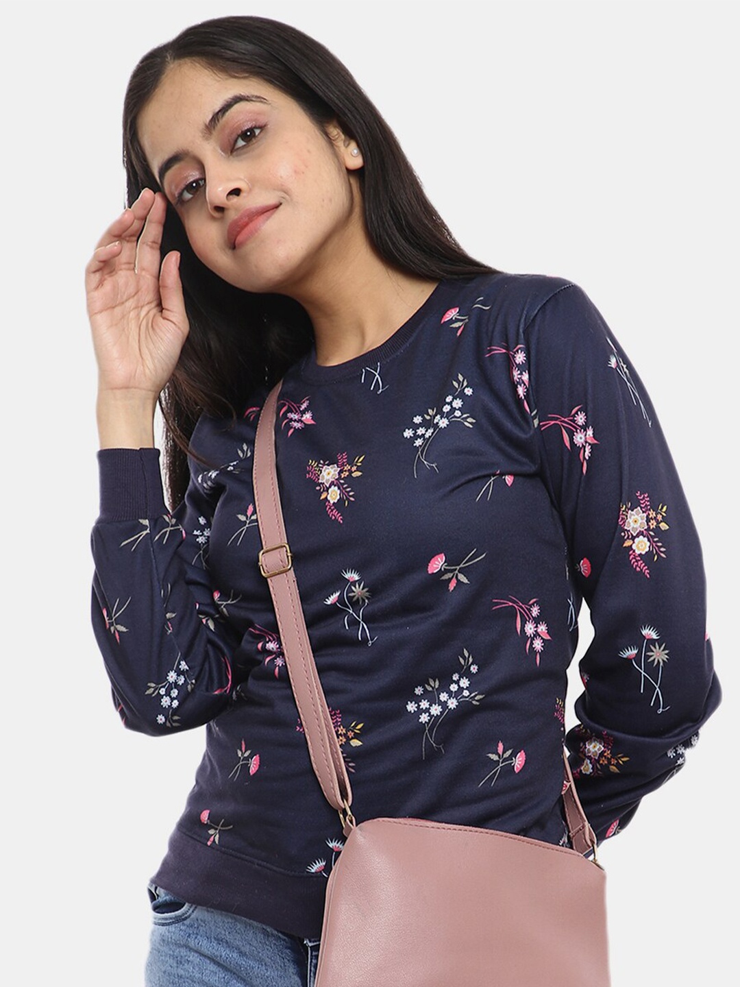 

V-Mart Women Navy Blue Printed Fleece Sweatshirt