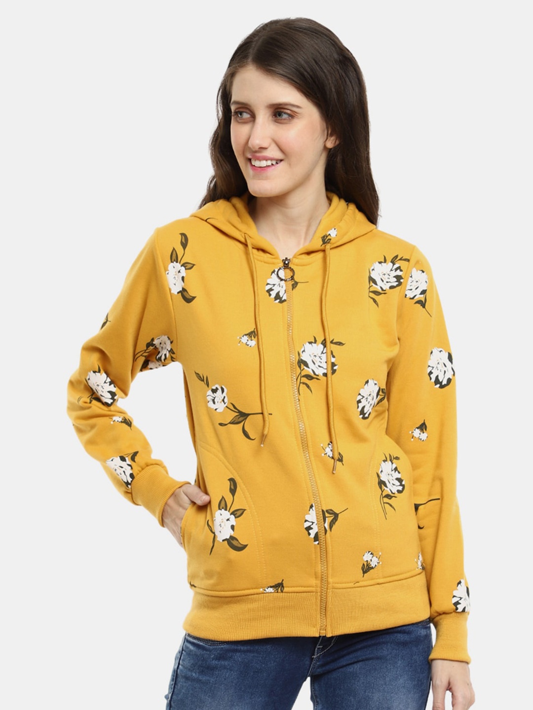 

V-Mart Women Mustard Printed Hooded Fleece Sweatshirt