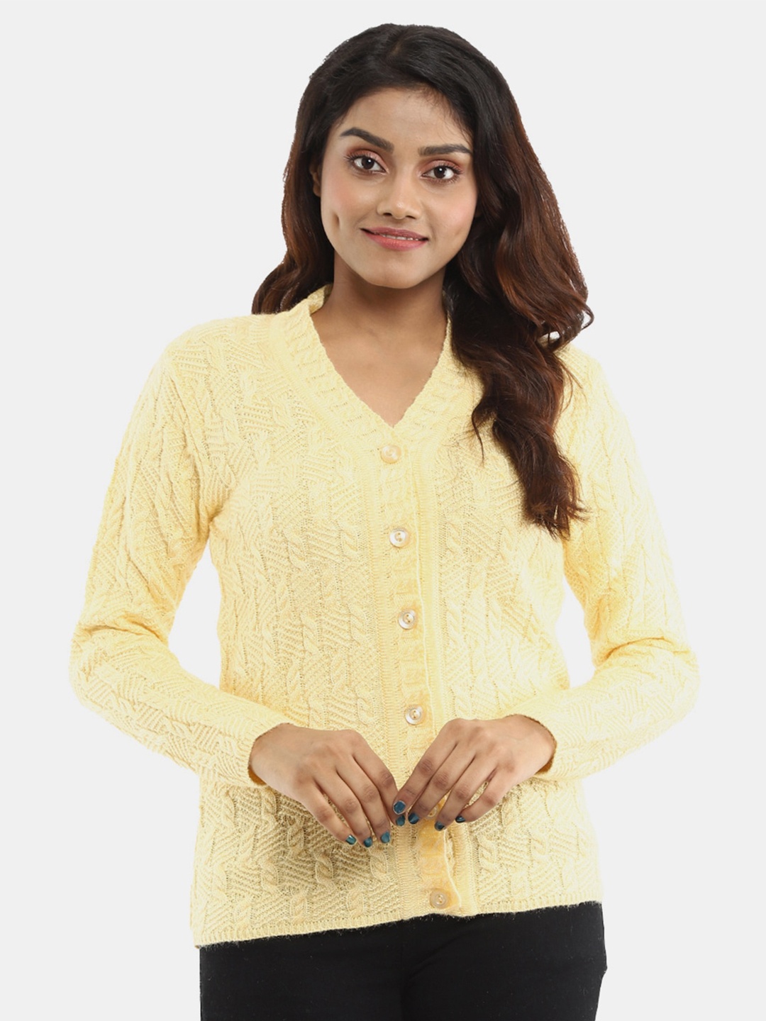 

V-Mart Women Yellow Cable Knit Fleece Cardigan