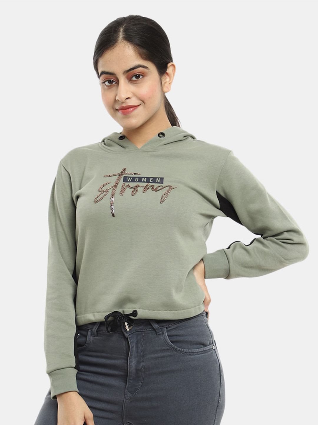 

V-Mart Women Olive Green Printed Hooded Fleece Sweatshirt