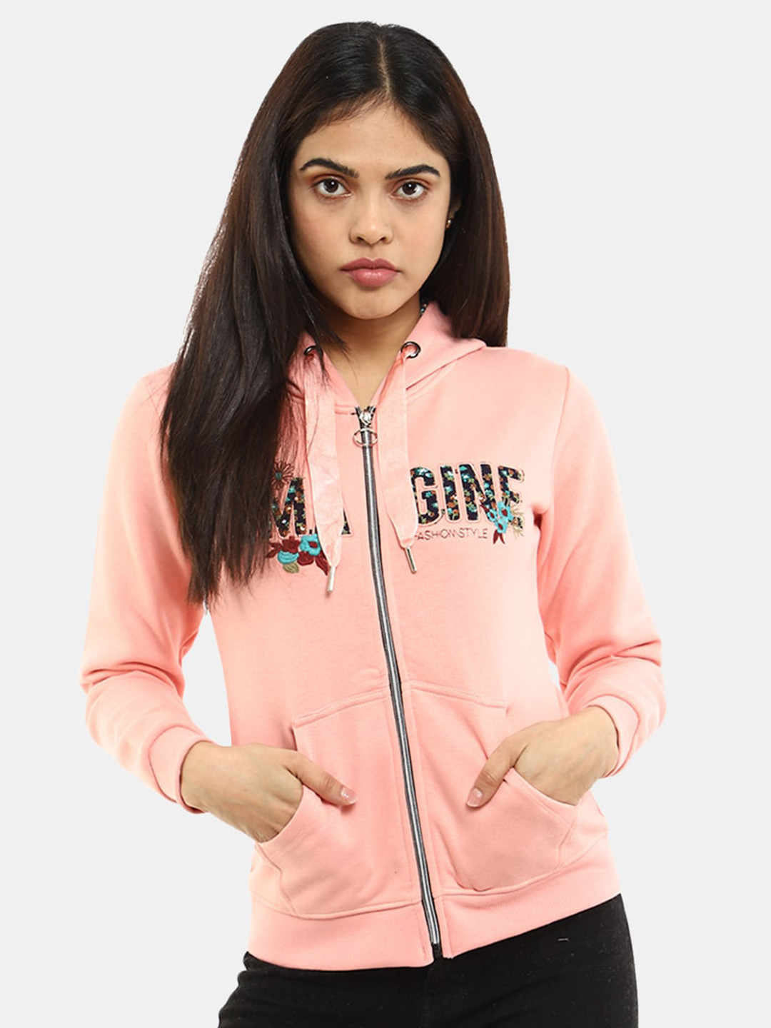 

V-Mart Women Peach-Coloured Printed Hooded Fleece Sweatshirt