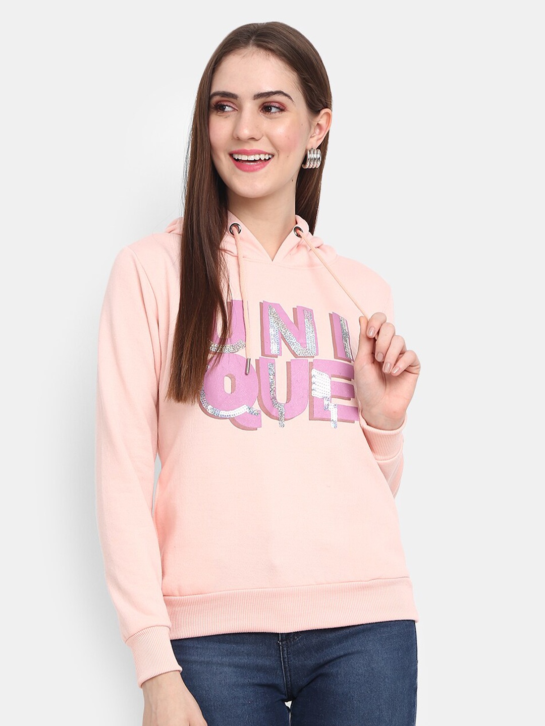 

V-Mart Women Pink Printed Hooded Fleece Sweatshirt