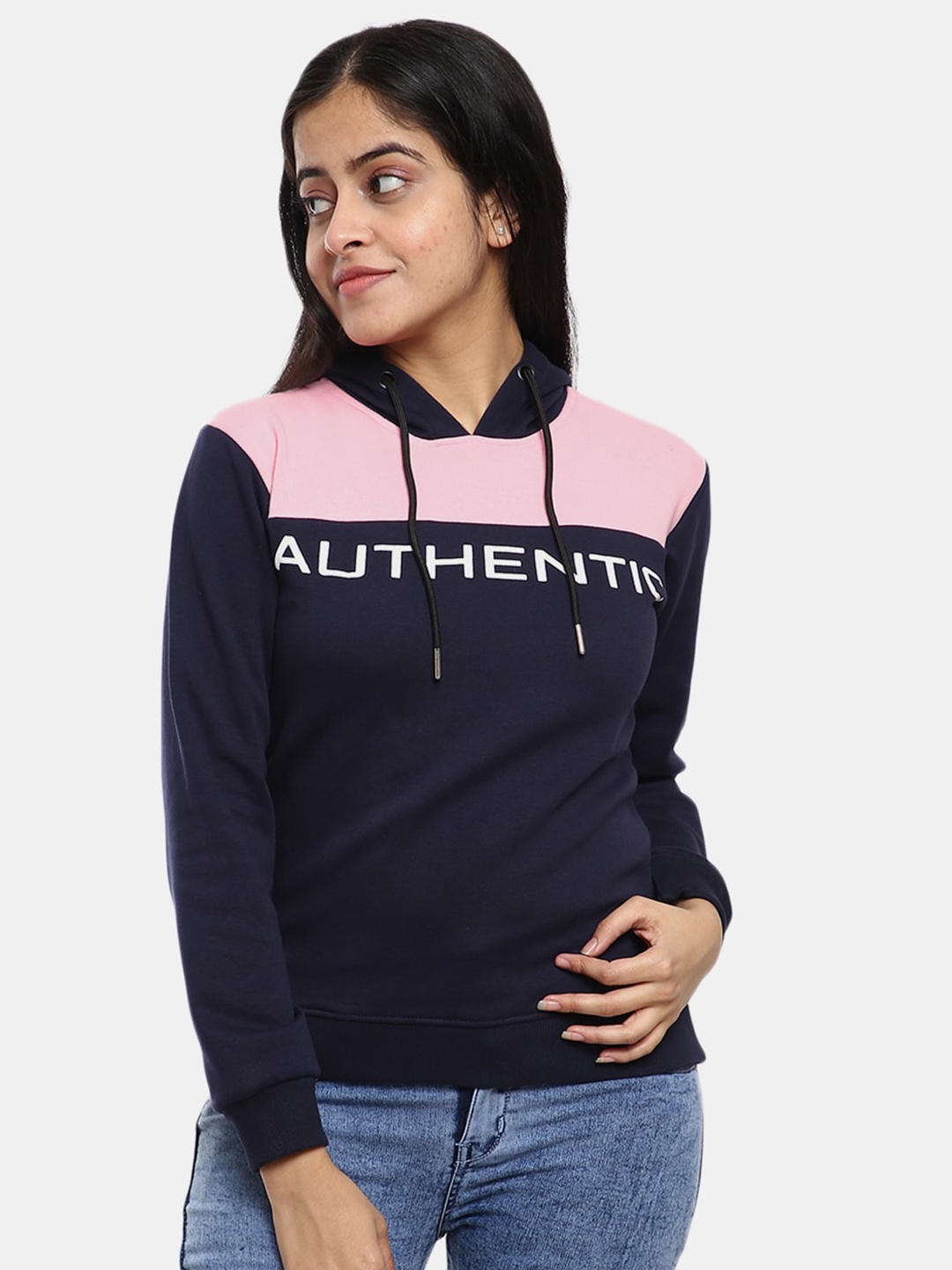

V-Mart Women Navy Blue Printed Hooded Fleece Sweatshirt