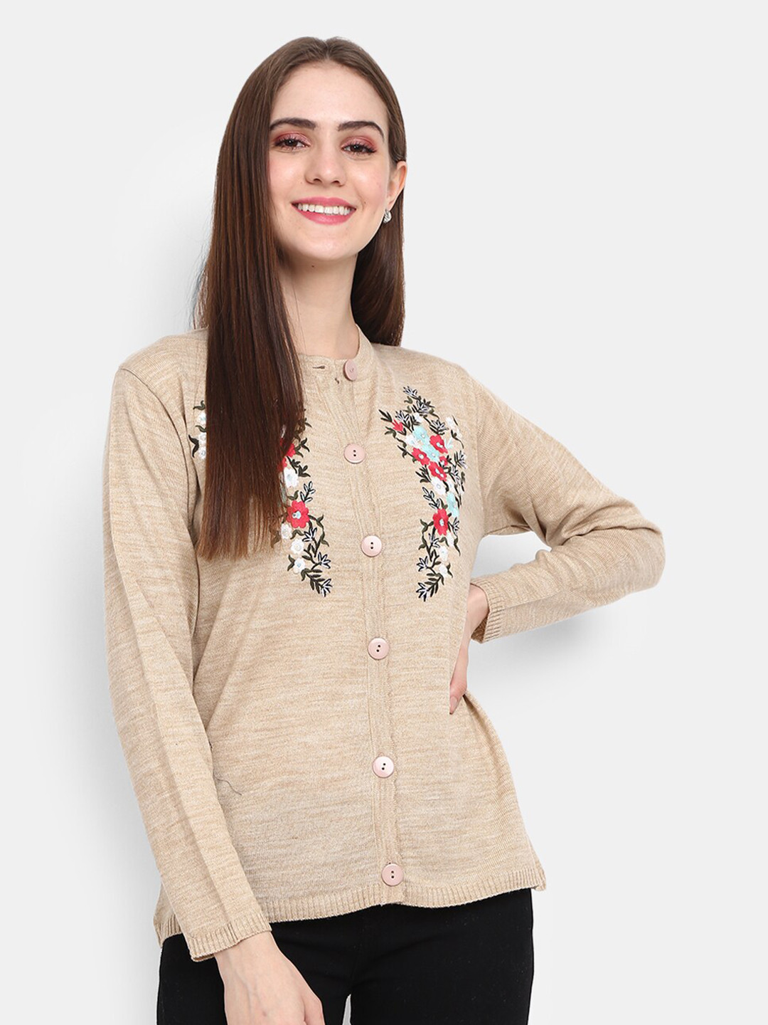 

V-Mart Women Brown Fleece Cardigan with Embroidered Detail