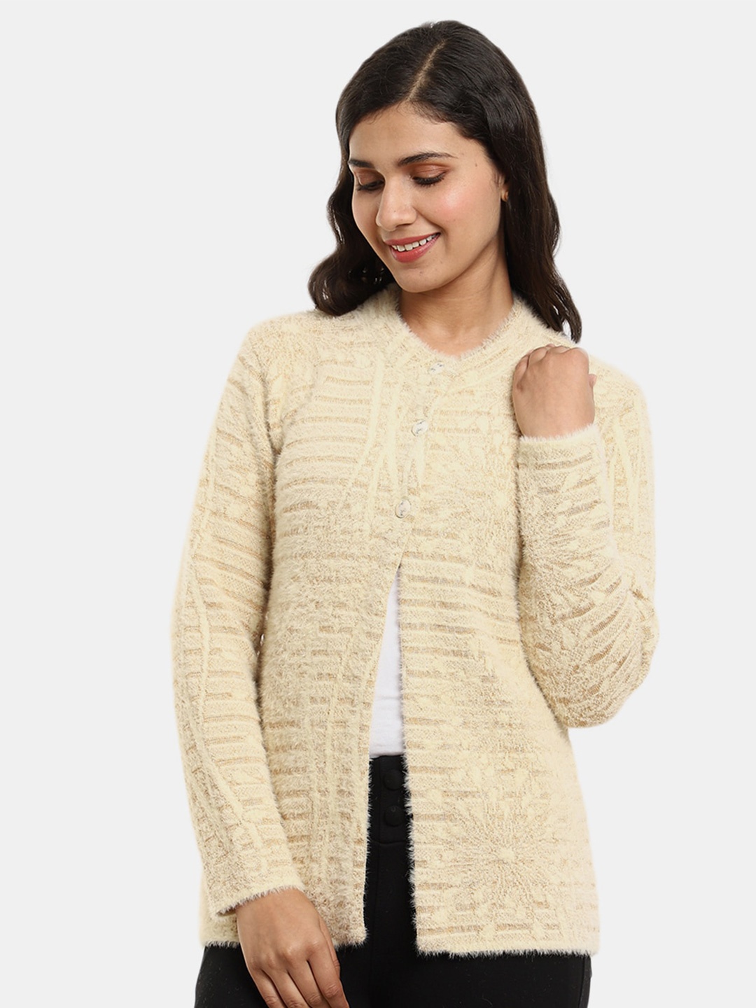 

V-Mart Women Khaki Floral Fleece Cardigan