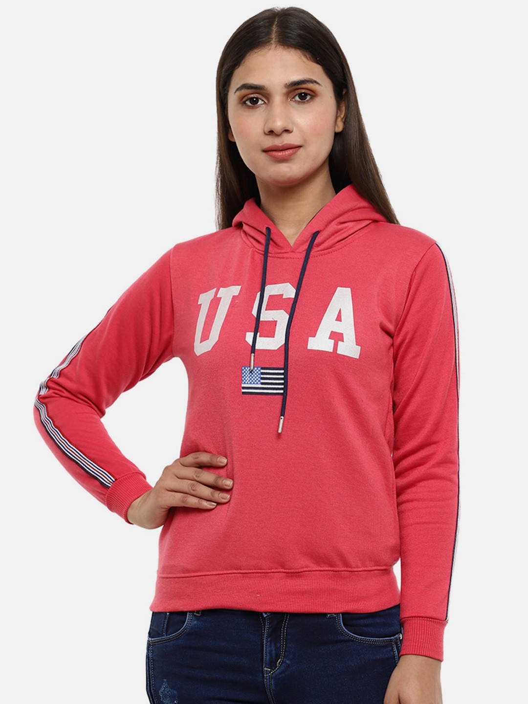 

V-Mart Women Fuchsia Printed Hooded Fleece Sweatshirt