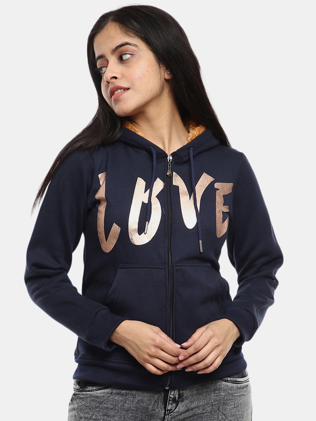 

V-Mart Women Navy Blue Printed Hooded Fleece Sweatshirt