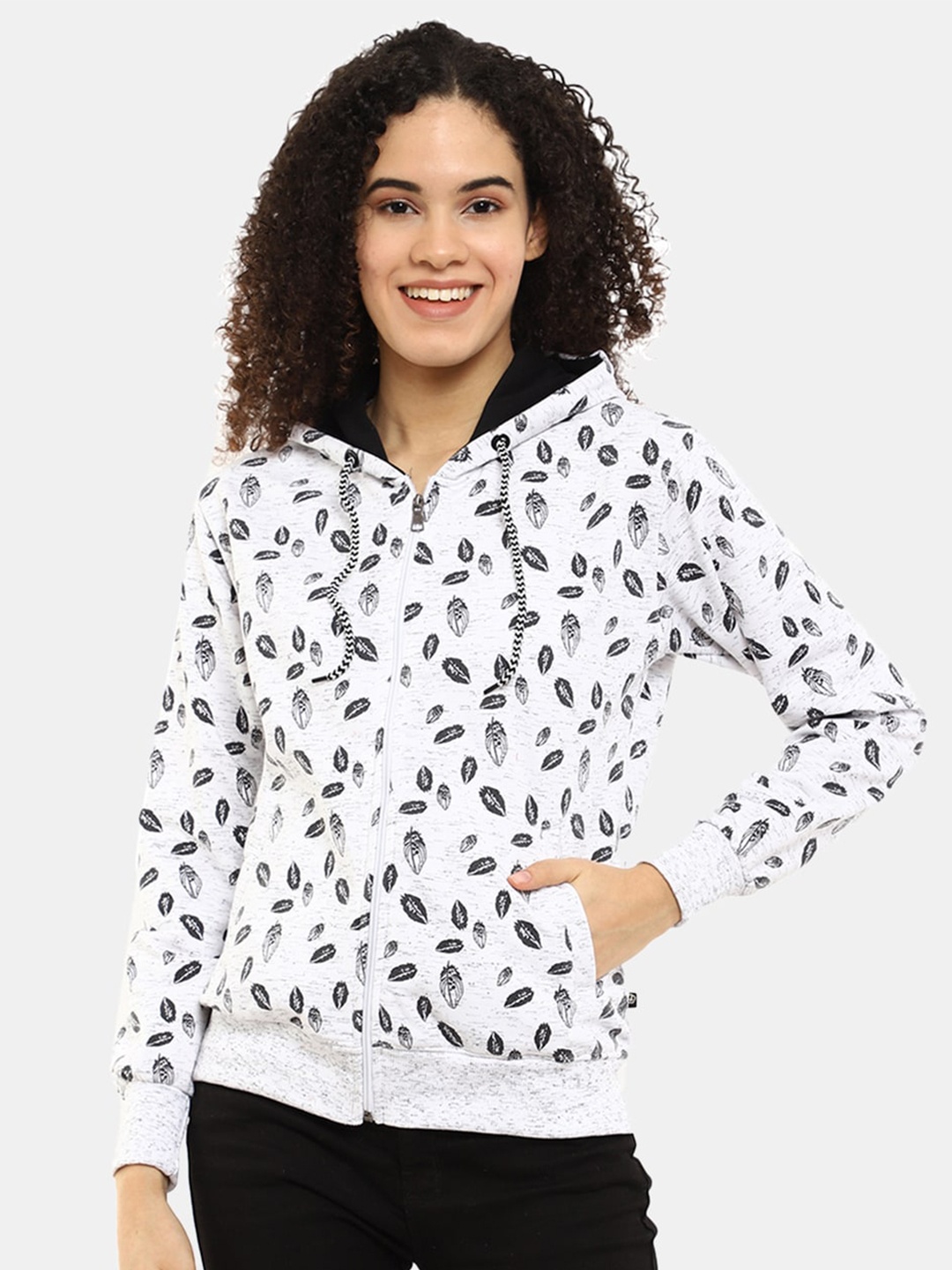

V-Mart Women White Printed Hooded Fleece Sweatshirt