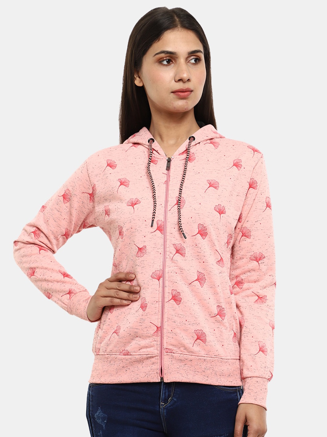

V-Mart Women Peach Printed Hooded Fleece Sweatshirt