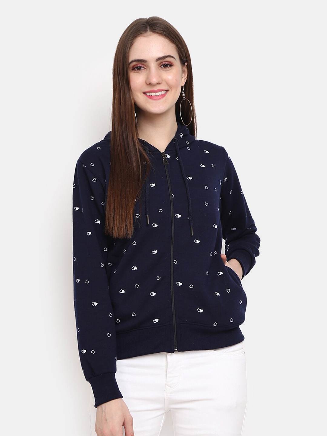 

V-Mart Women Navy Blue Printed Hooded Sweatshirt
