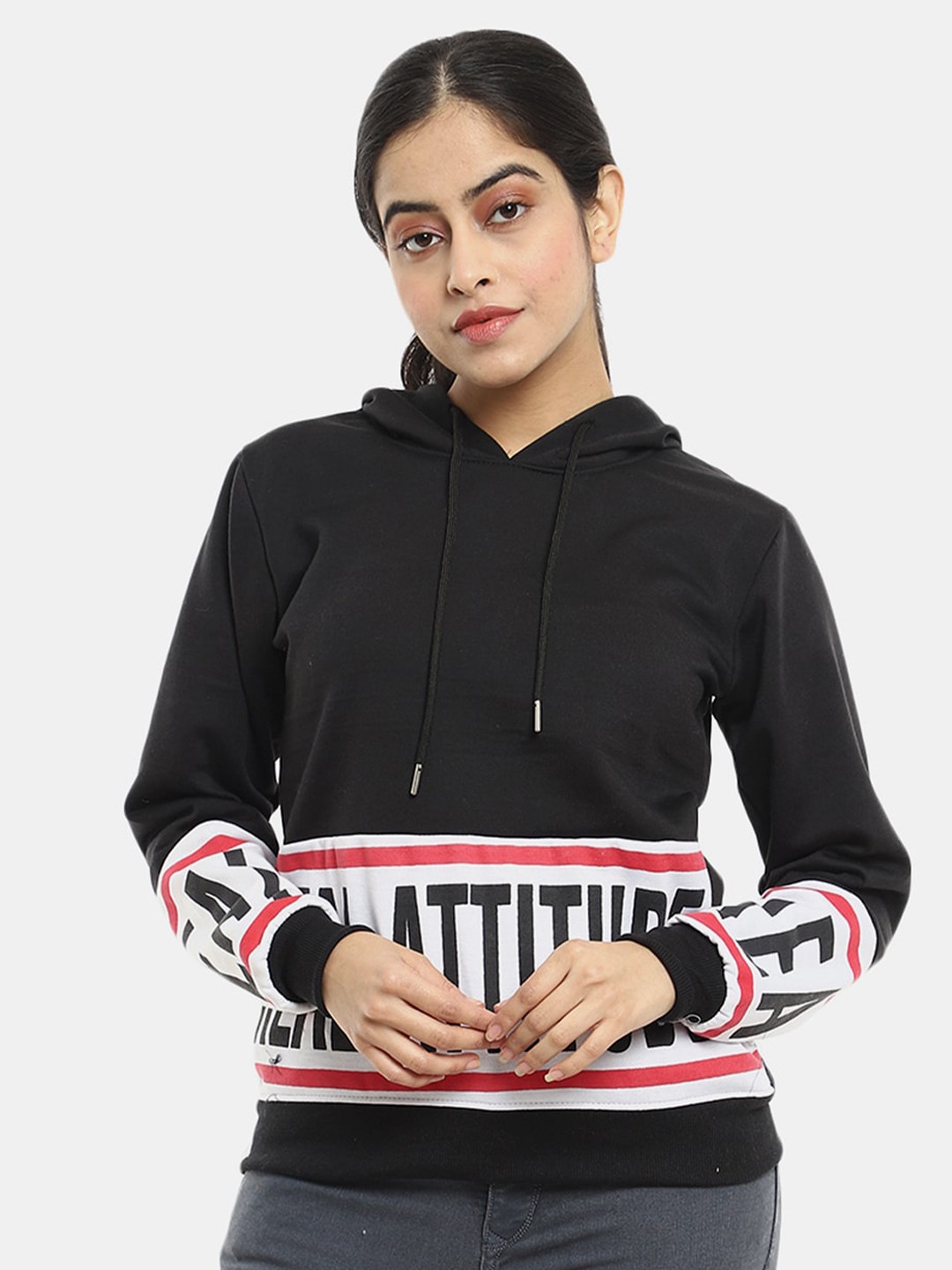 

V-Mart Women Black Printed Hooded Sweatshirt