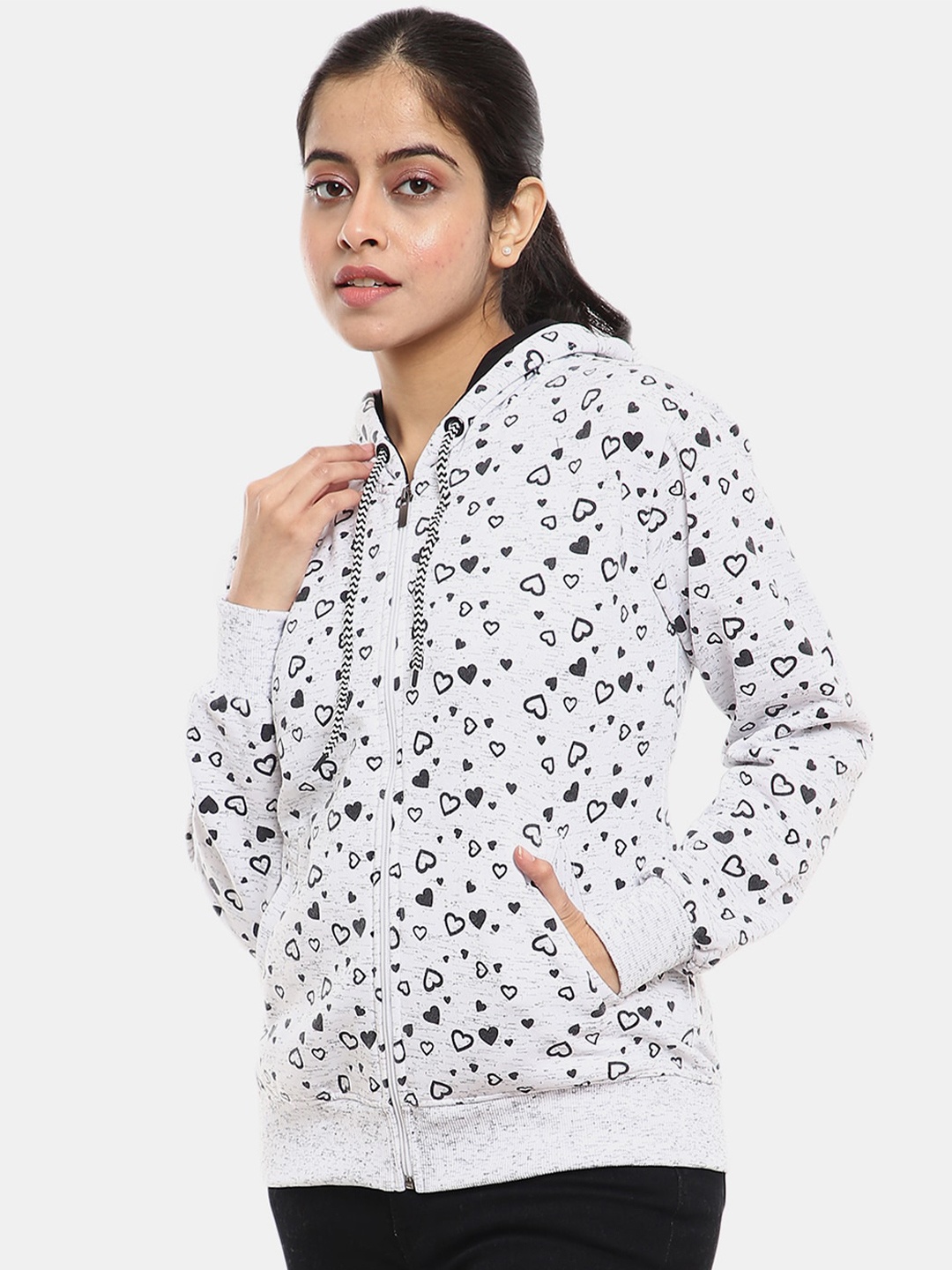 

V-Mart Women White Printed Hooded Sweatshirt
