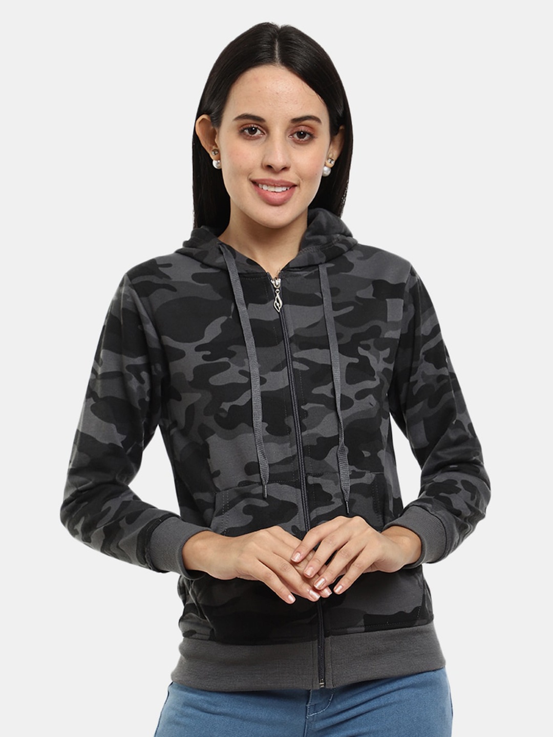 

V-Mart Women Grey Camouflage Printed Hooded Sweatshirt