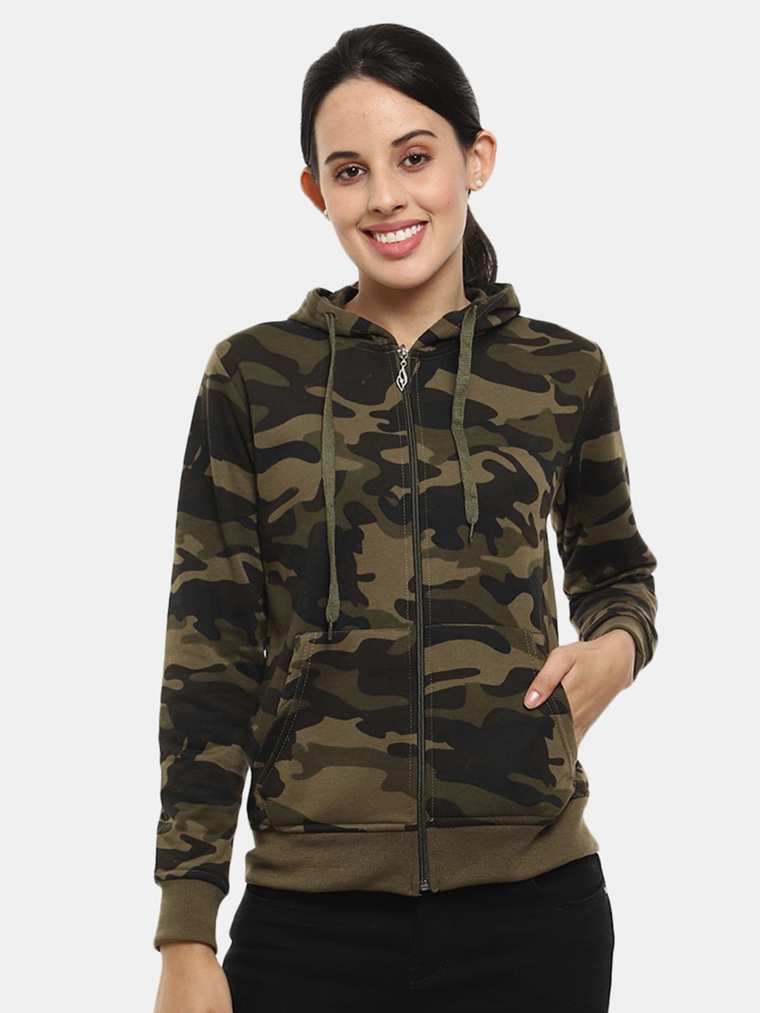 

V-Mart Women Olive Green Printed Camouflage Hooded Sweatshirt