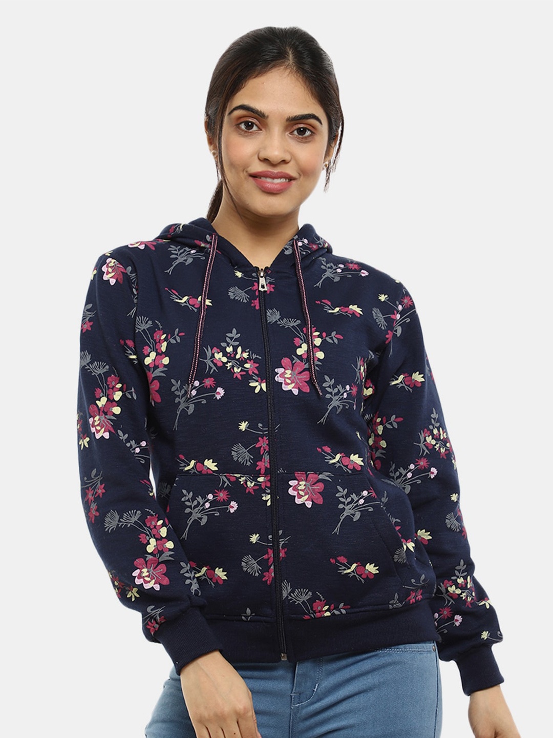 

V-Mart Women Navy Blue Printed Hooded Sweatshirt