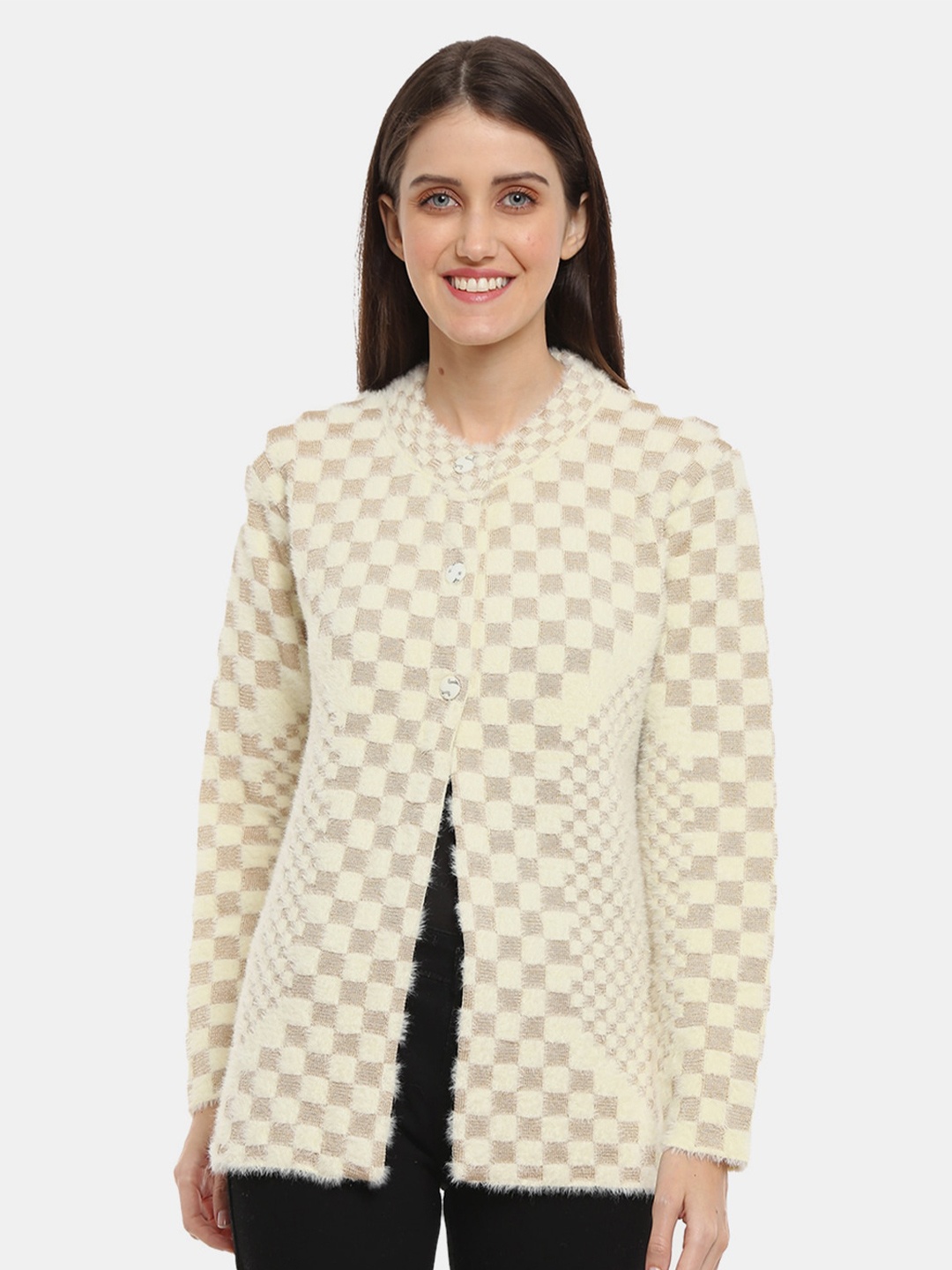 

V-Mart Women Cream-Coloured Checked Sweatshirt