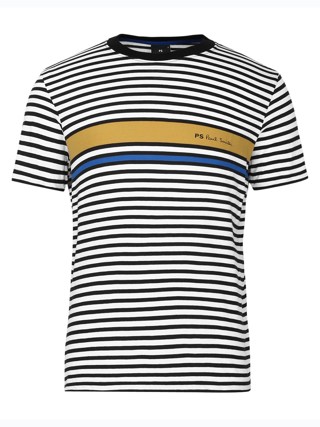 

PS By Paul Smith Men Black & White Striped Round Neck Pure Cotton T-shirt