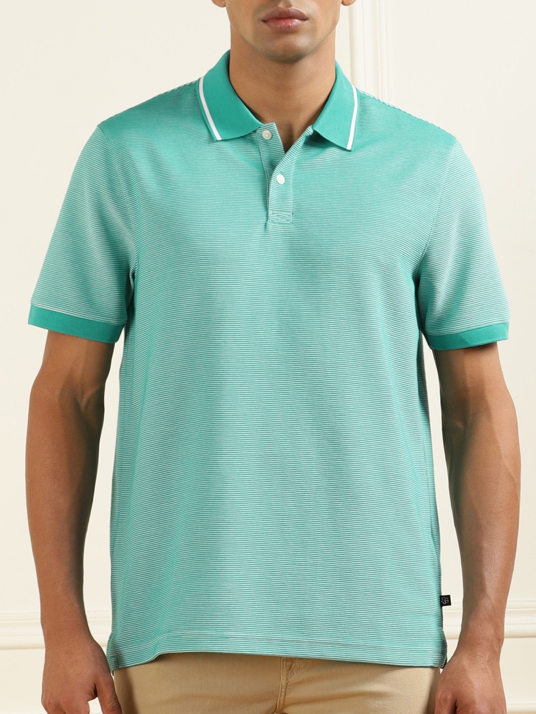 

Ted Baker Men Turquoise Blue Striped Polo Collar T-shirt