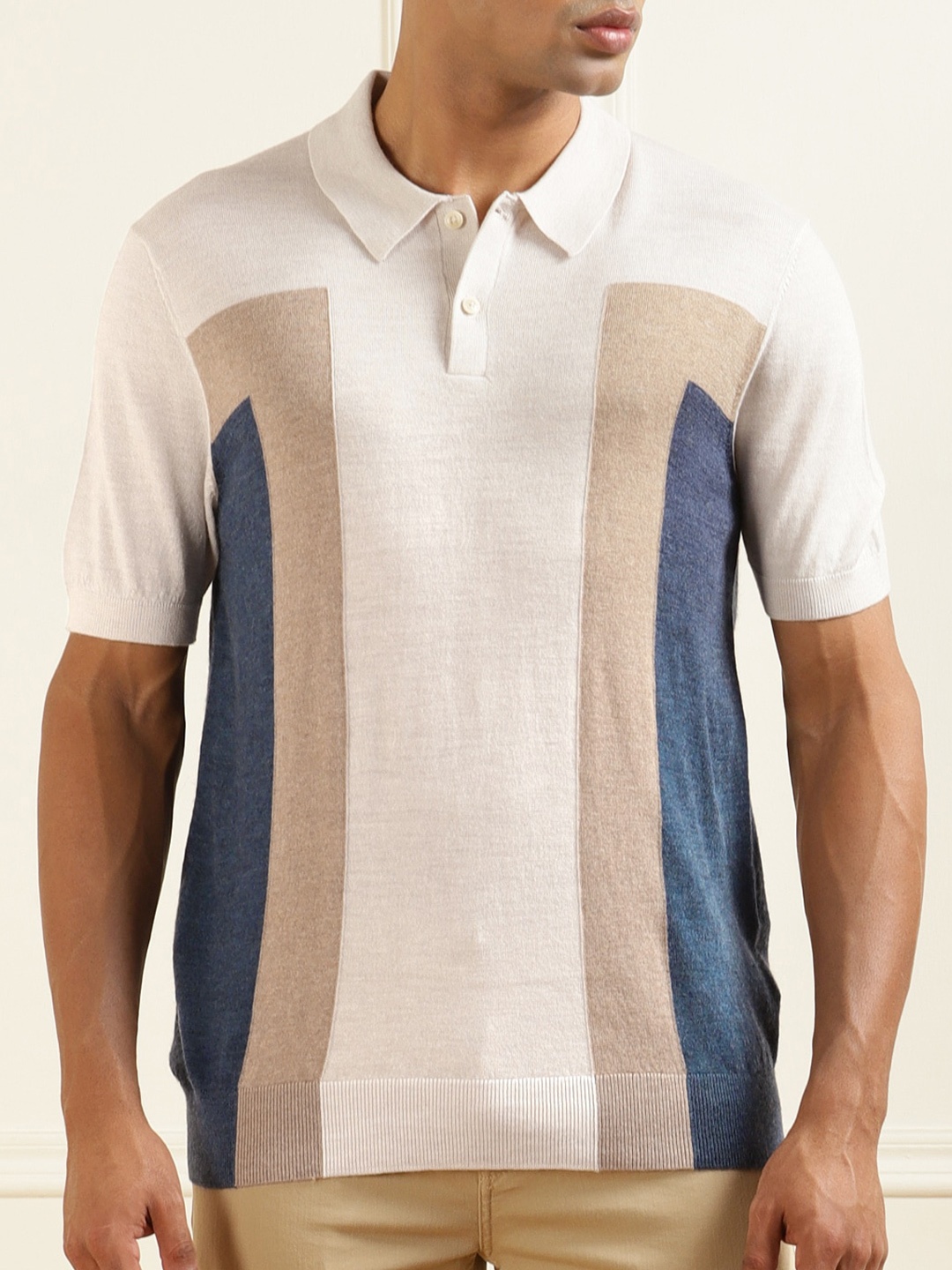 

Ted Baker Men Beige & Blue Colourblocked Polo Collar Wool T-shirt