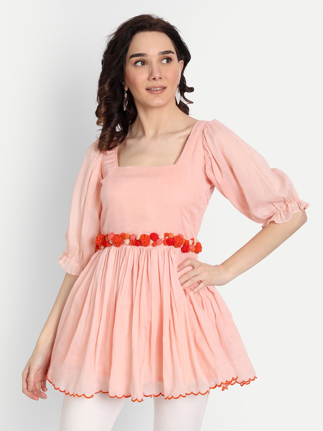 

KAPASRITI Peach-Coloured & Red Floral Pure Cotton Peplum Top