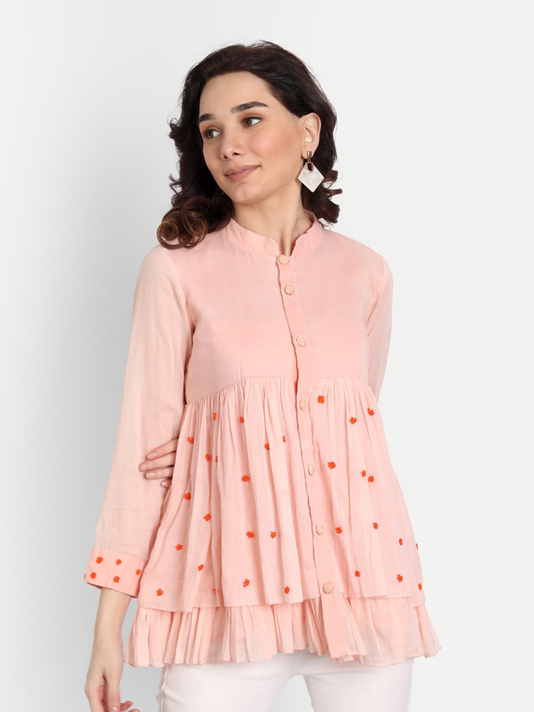 

KAPASRITI Peach-Coloured Mandarin Collar Pure Cotton Shirt Style Top
