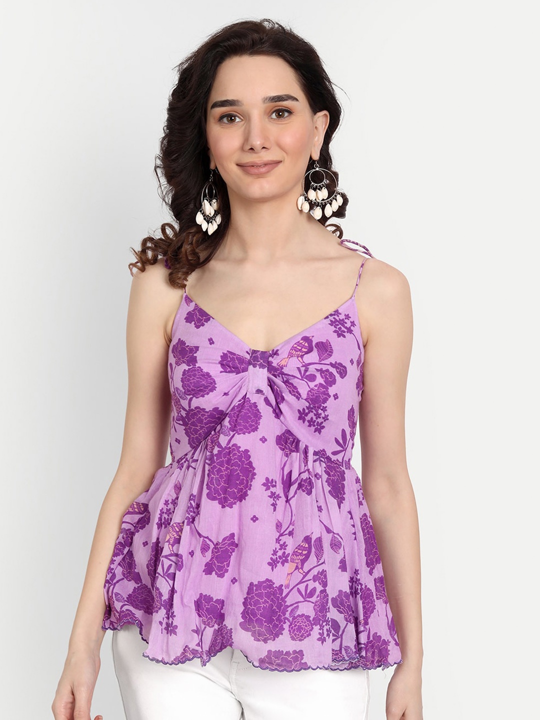 

KAPASRITI Purple Floral Print Pure Cotton Empire Top