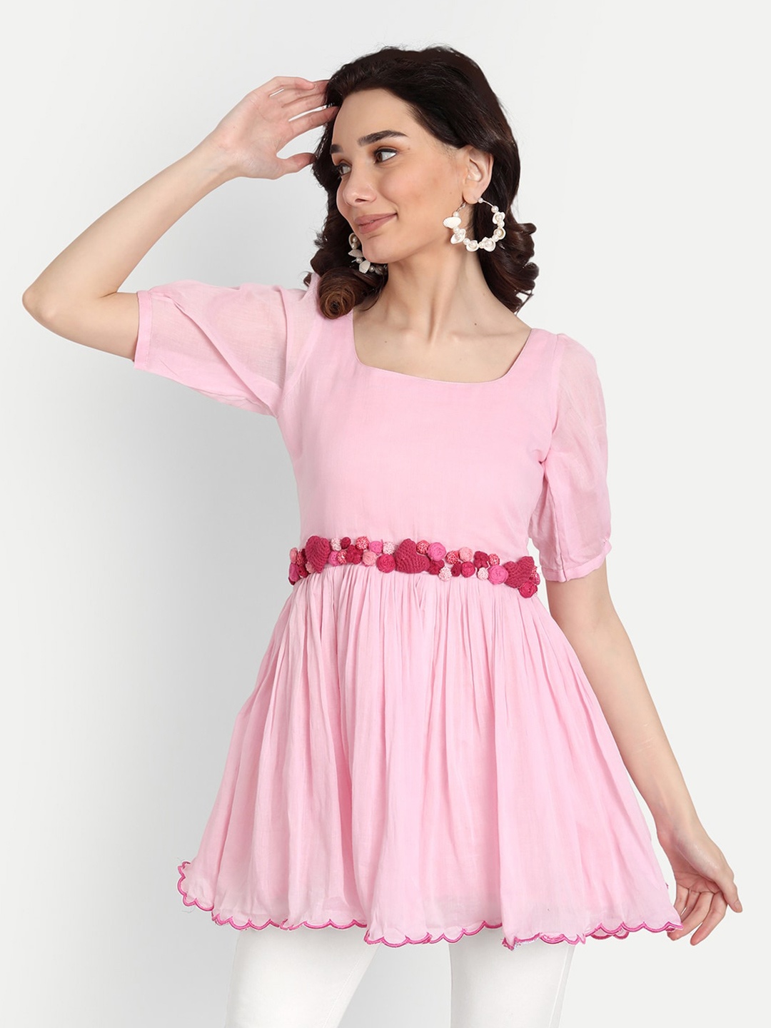 

KAPASRITI Pink Square Neck Pure Cotton Tunic