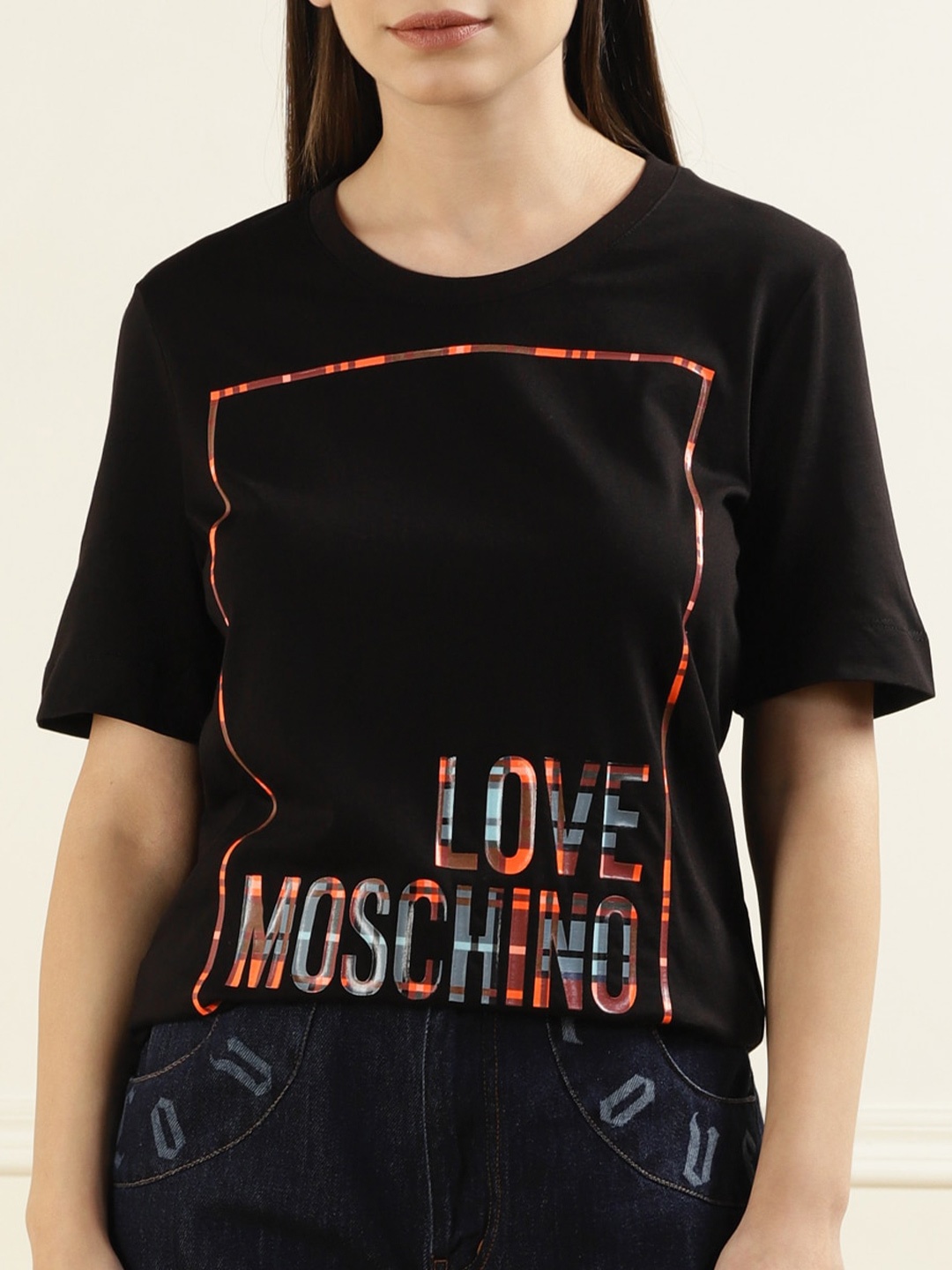 

LOVE MOSCHINO Women Black Typography Printed Pure Cotton T-shirt