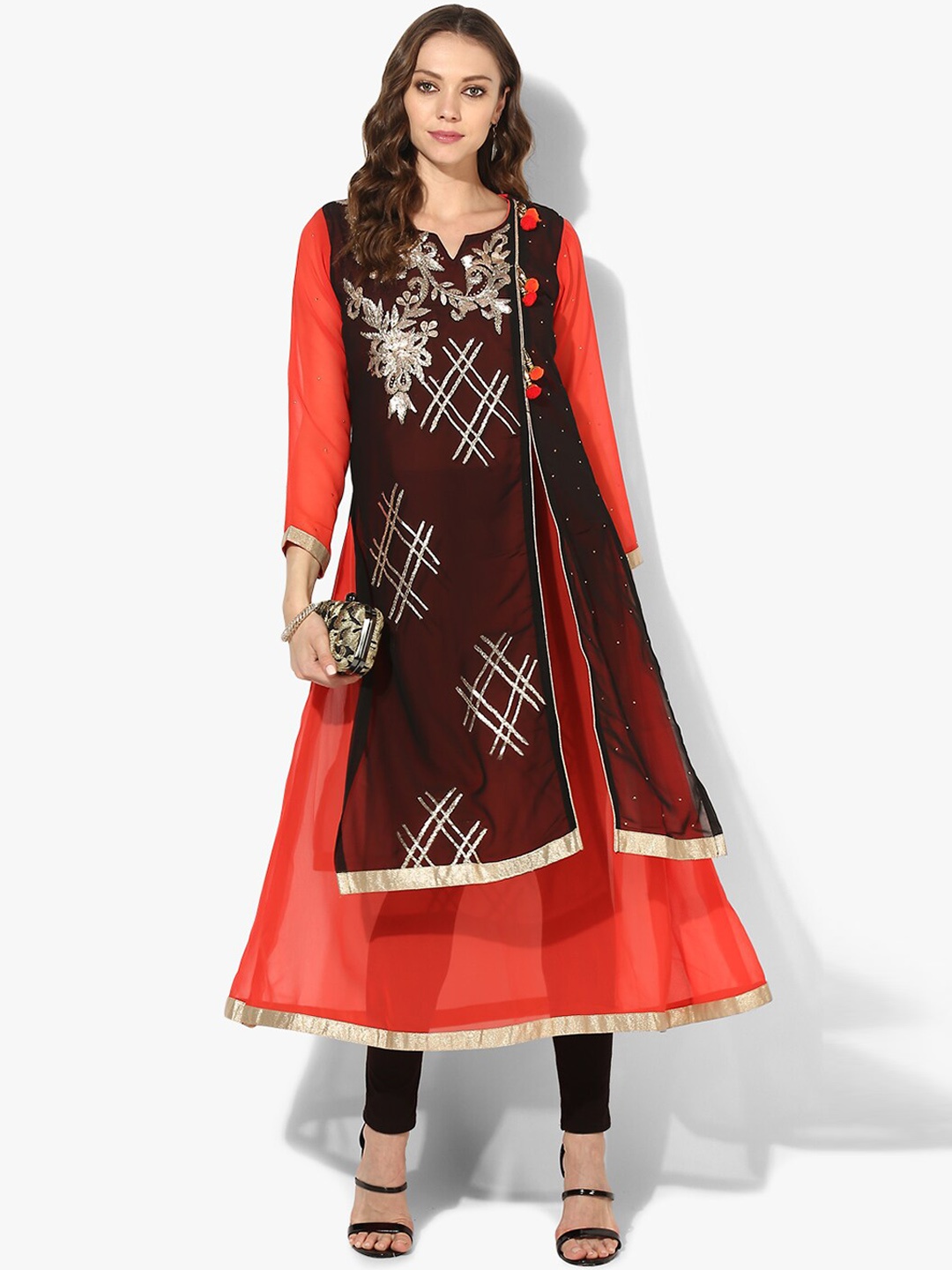 

ZOEYAMS Women Black & Orange Ethnic Embroidered Anarkali Kurta