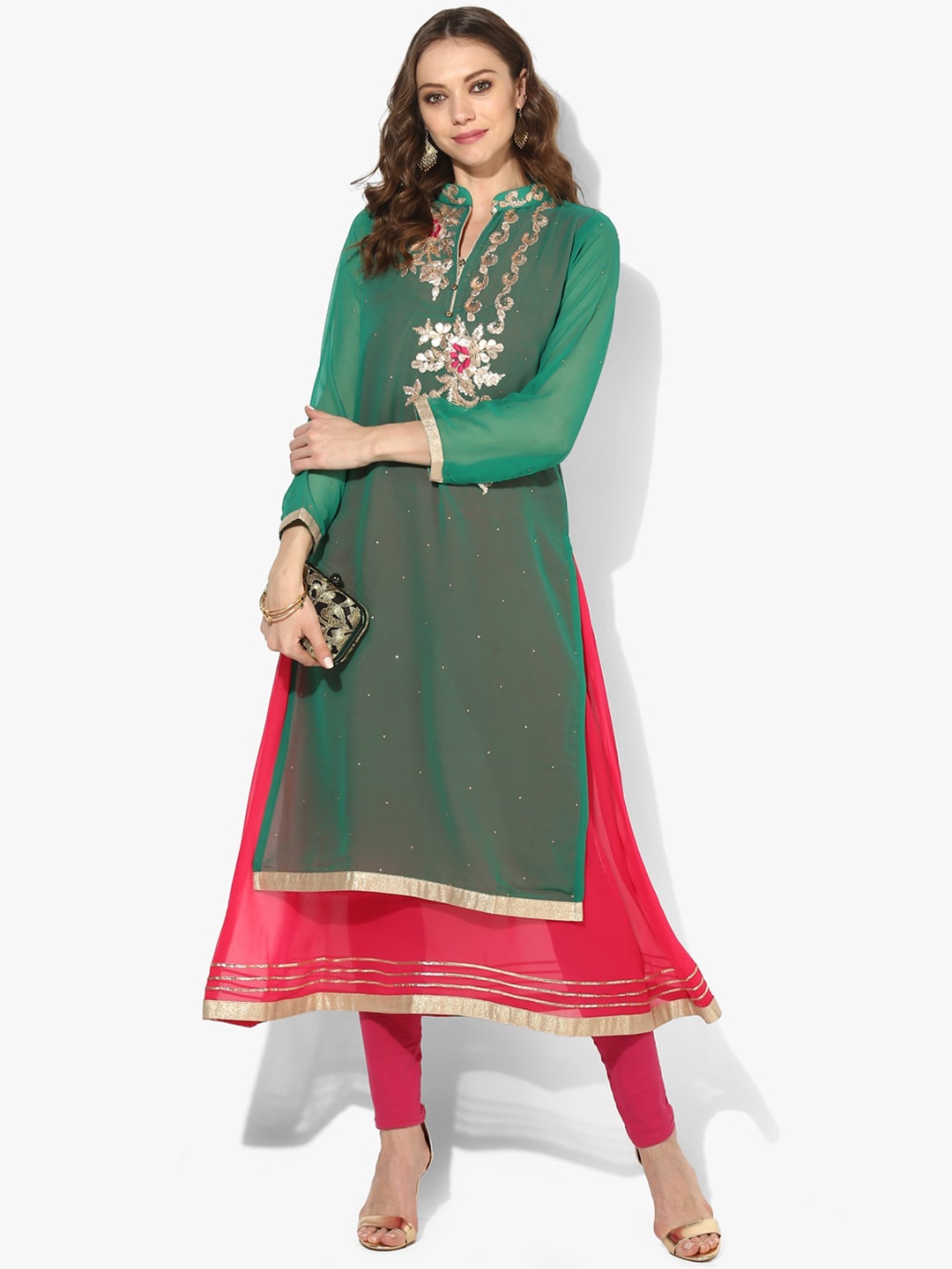 

ZOEYAMS Women Green & Red Floral Embroidered Anarkali Kurta