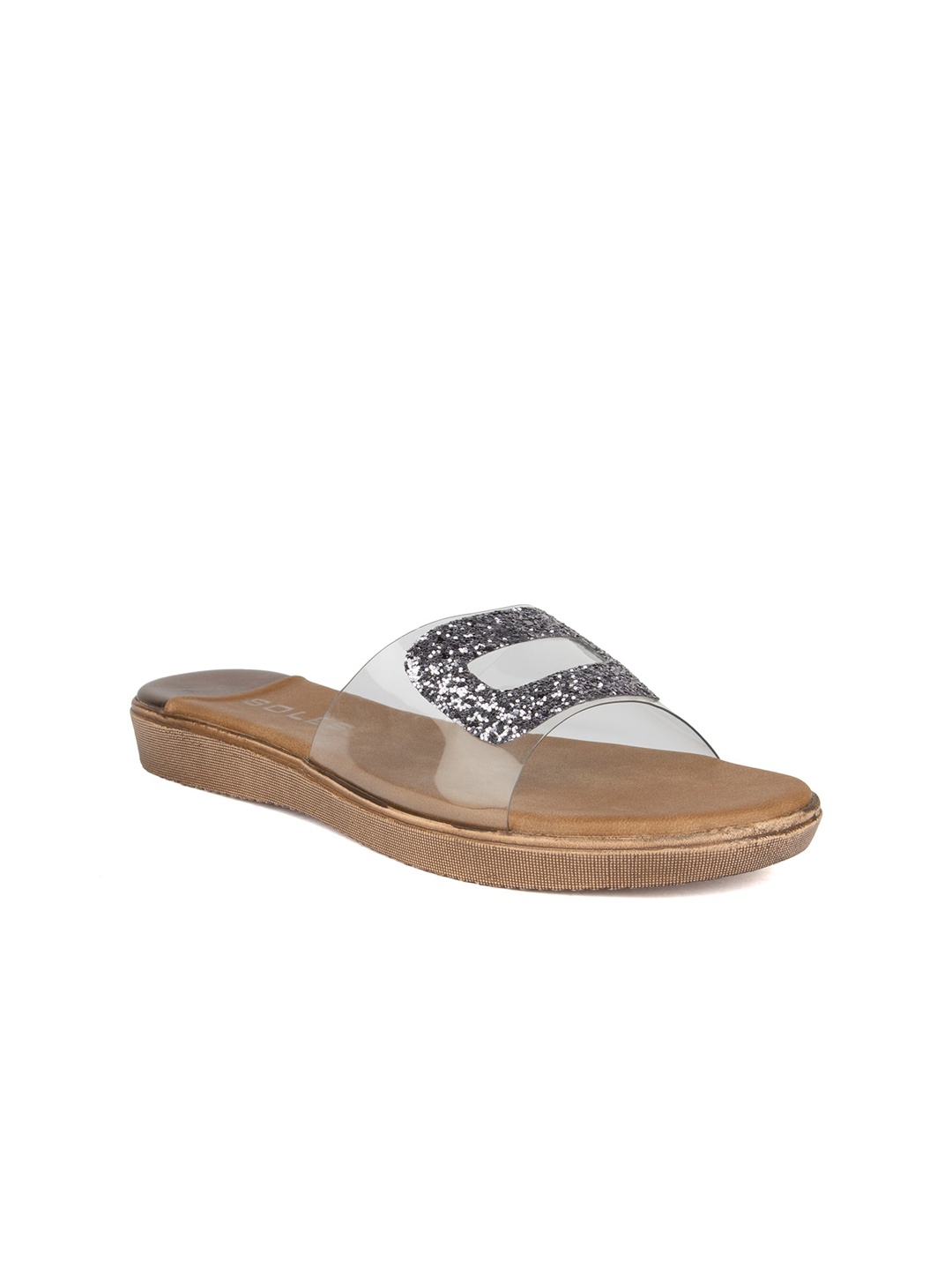 

SOLES Women Gunmetal-Toned Embellished Open Toe Flats, Metallic