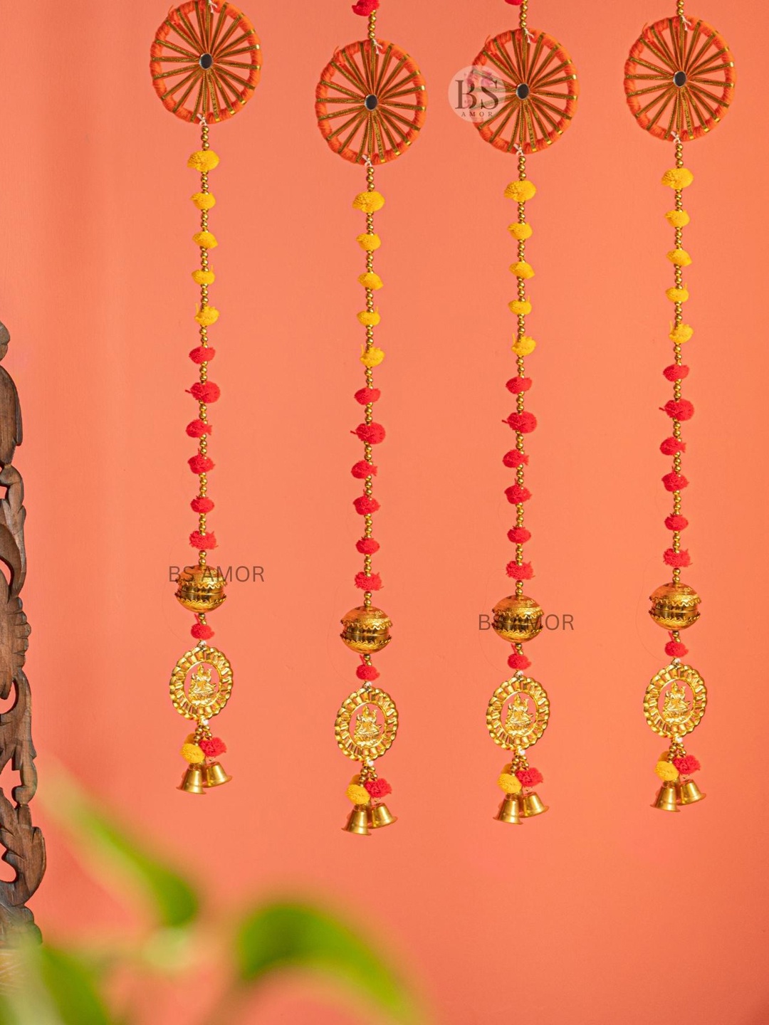 

BS AMOR Orange & Yellow Chakri Pattern Plastic & Woollen Wall Hangings, Gold