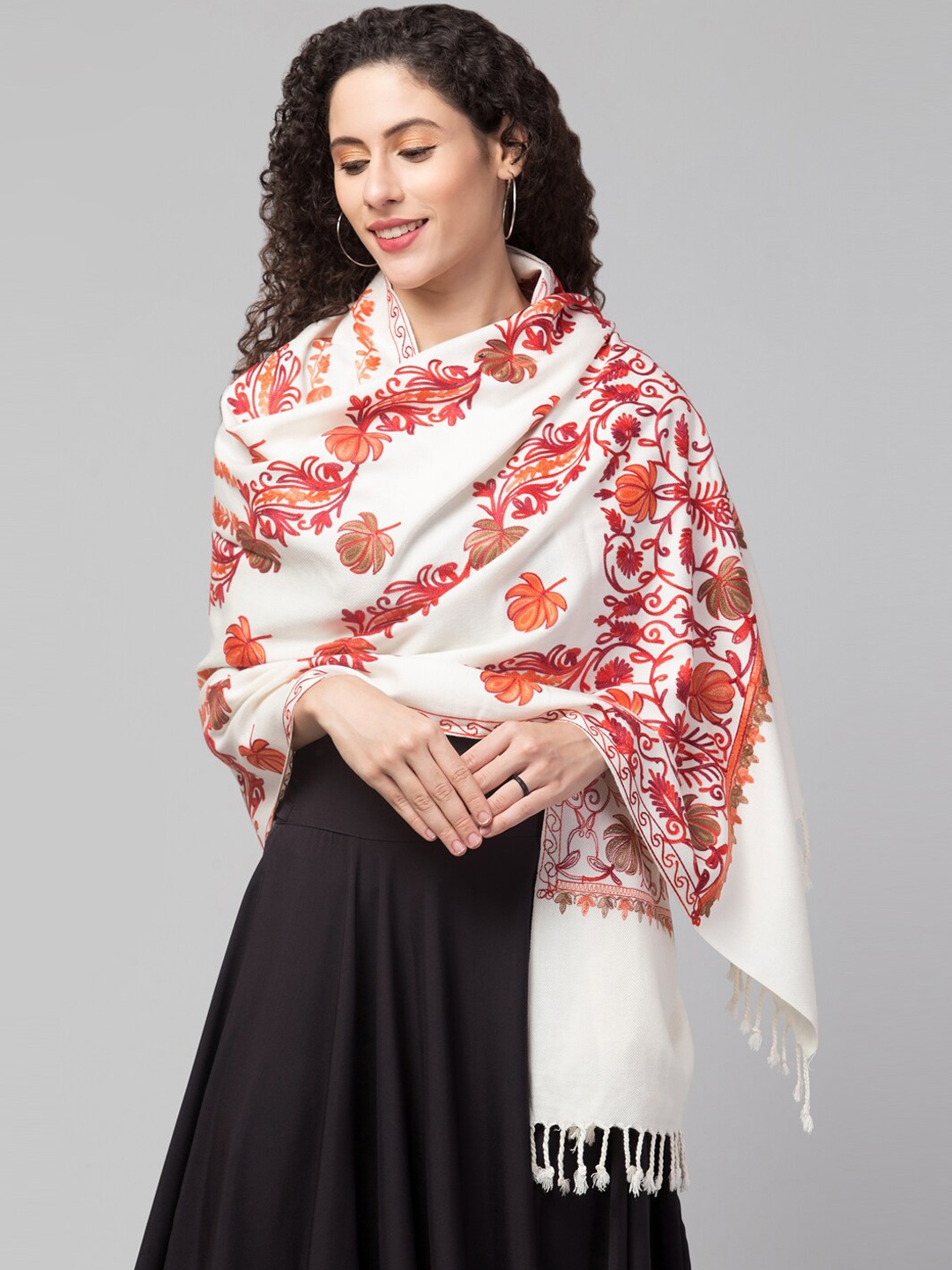 

Tweedle Women White & Orange Floral Aari Embroidered Shawl