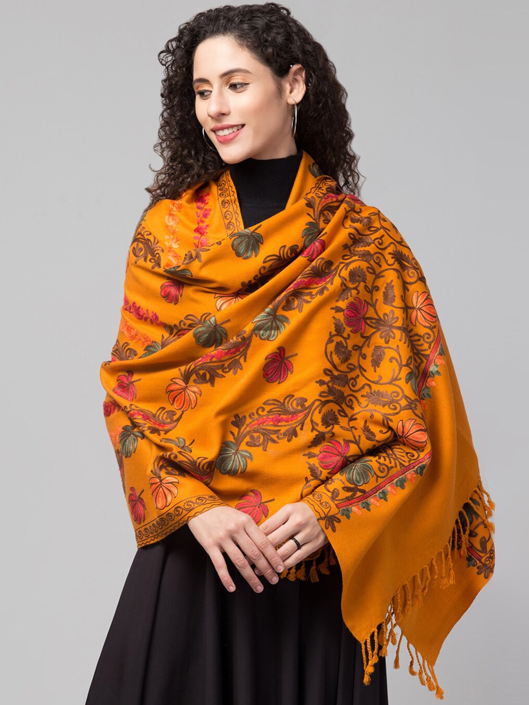 

Tweedle Women Mustard-Yellow & Brown Floral Aari Embroidered Shawl