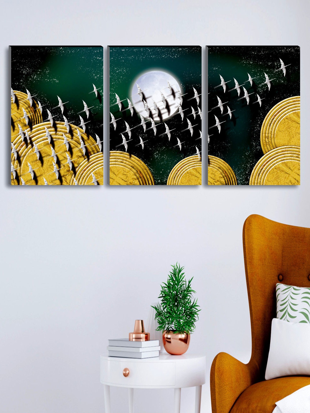 

SAF Set of 3 Yellow & Green Modern Art Large Panel UV Textured Wall Painting