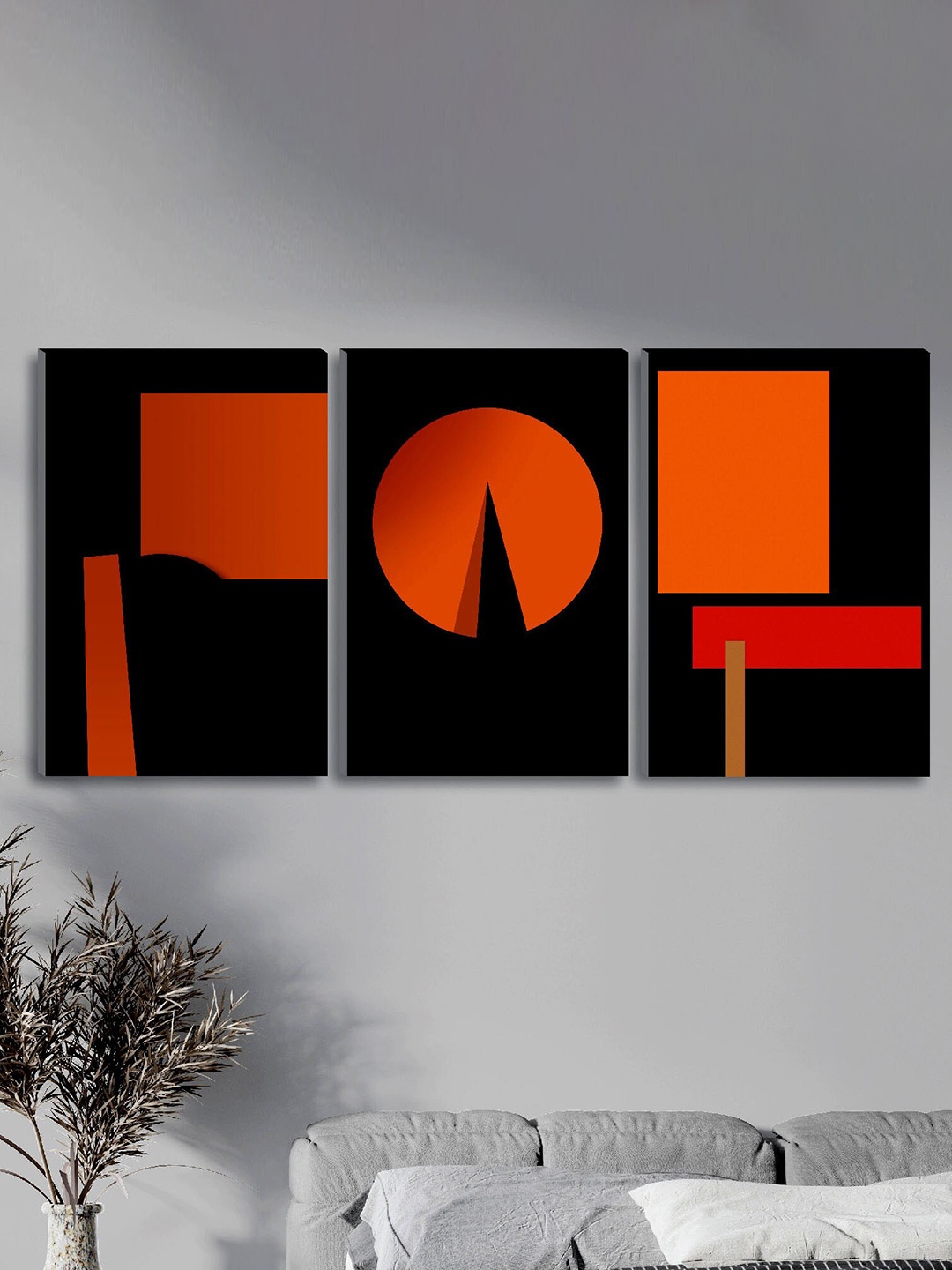 

SAF Black And Orange Set Of 3 Modern Art UV Textured Wall Painting