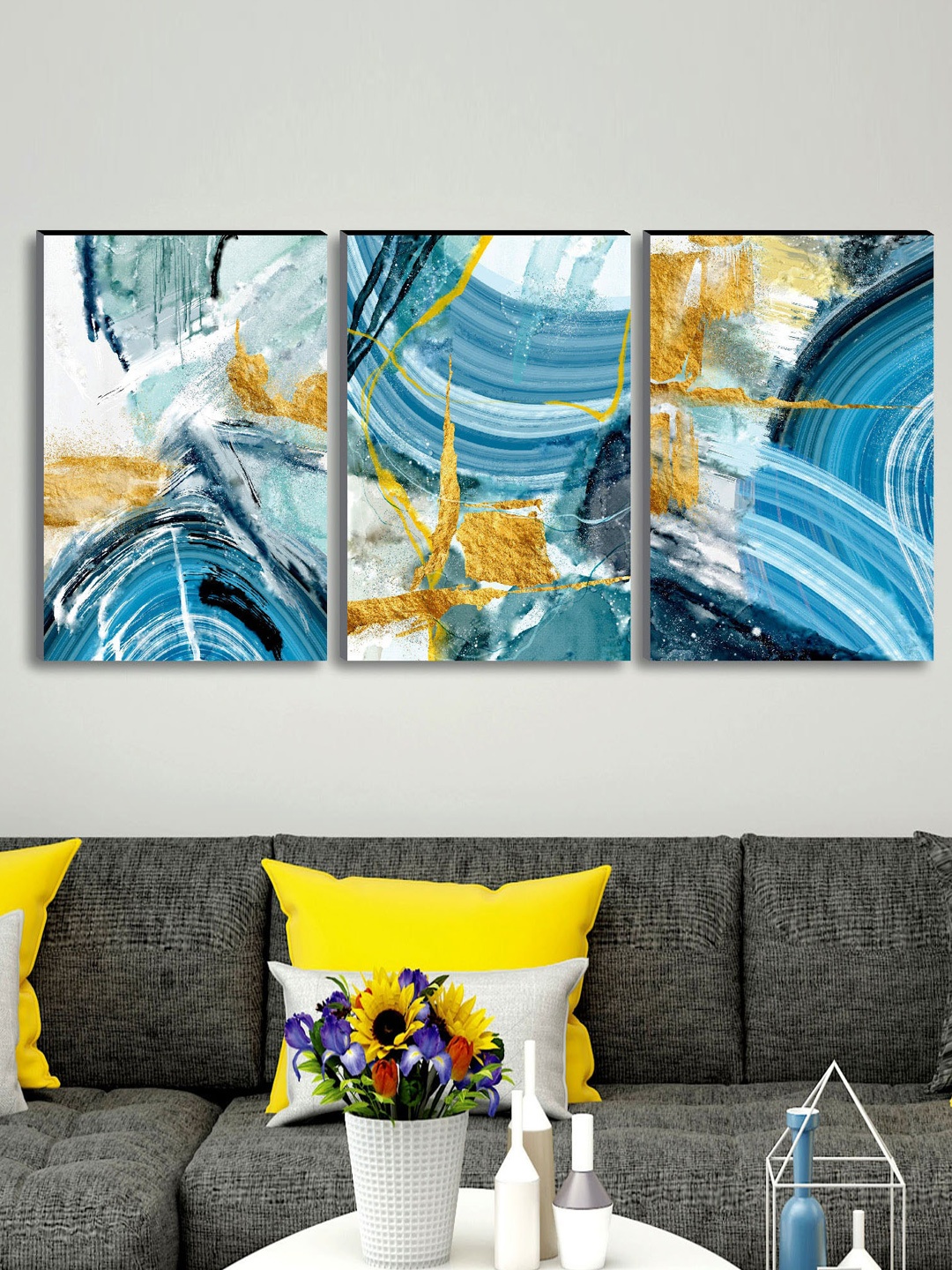 

SAF Set of 3 Blue & Yellow Modern Art Large Panel UV Textured Wall Painting