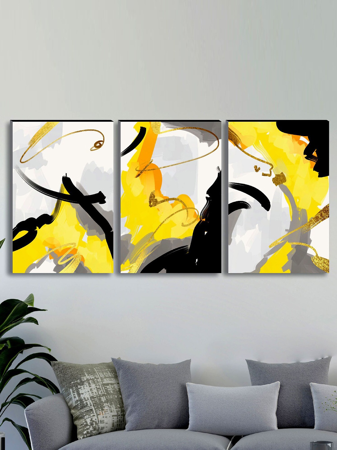 

SAF Set of 3 Yellow & Grey Modern Art Large Panel UV Textured Wall Painting