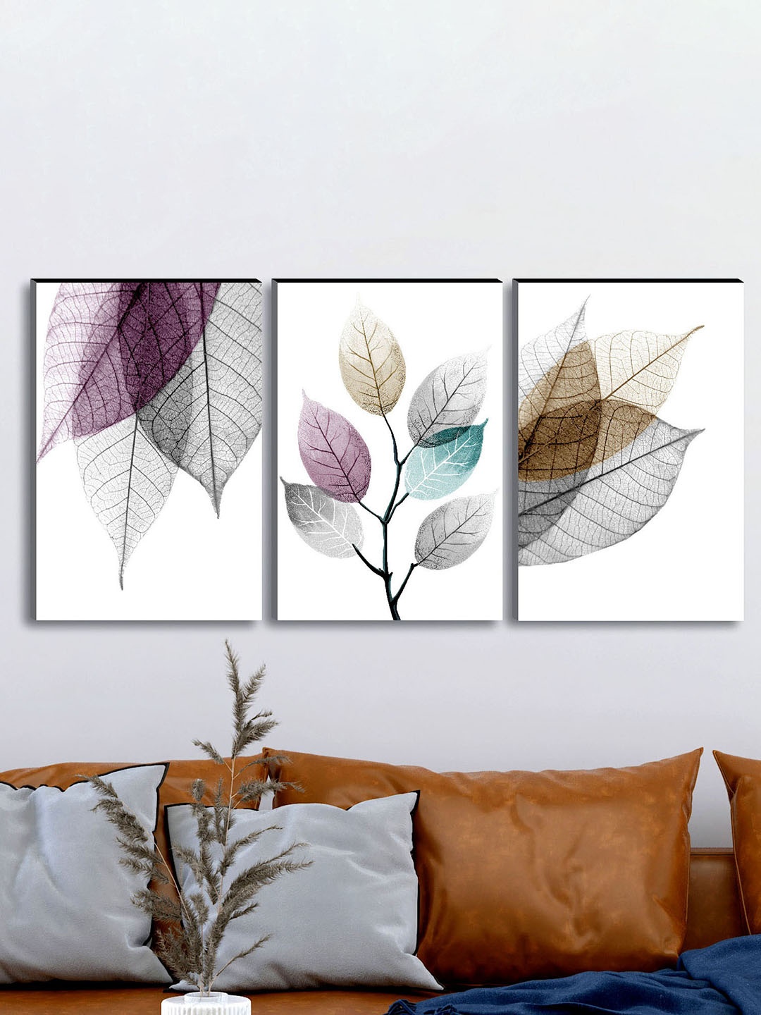 

SAF Set of 3 Purple & Grey Leaves Abstract Canvas Wall Painting