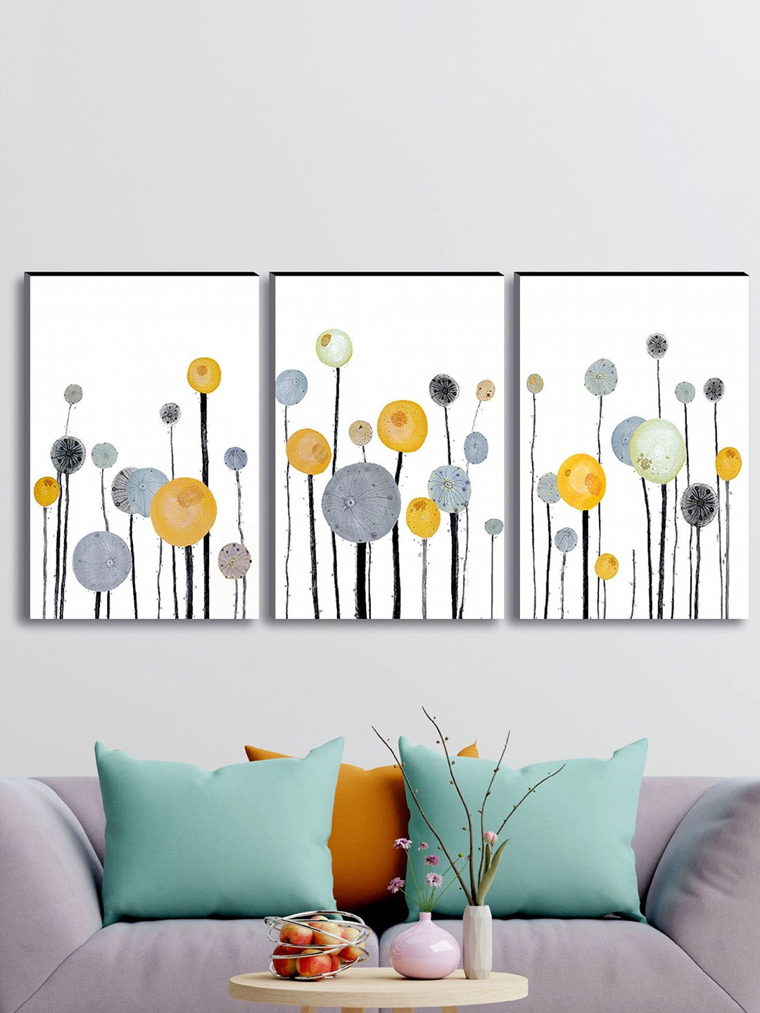 

SAF Set of 3 Grey & Yellow Modern Art Large Panel UV Textured Wall Painting