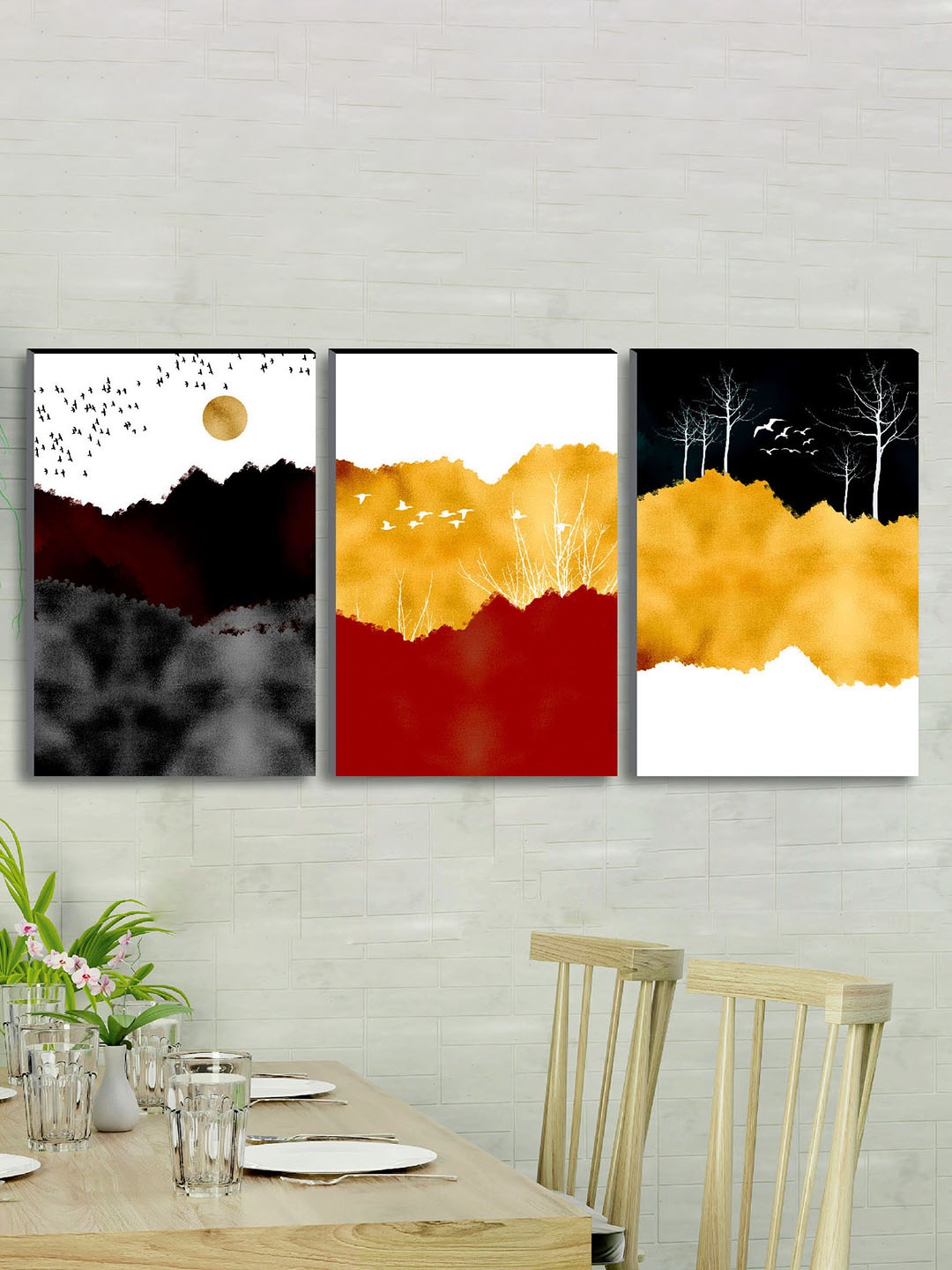SAF Set of 3 Black & Yellow Modern Art Large Panel UV Textured Wall Painting