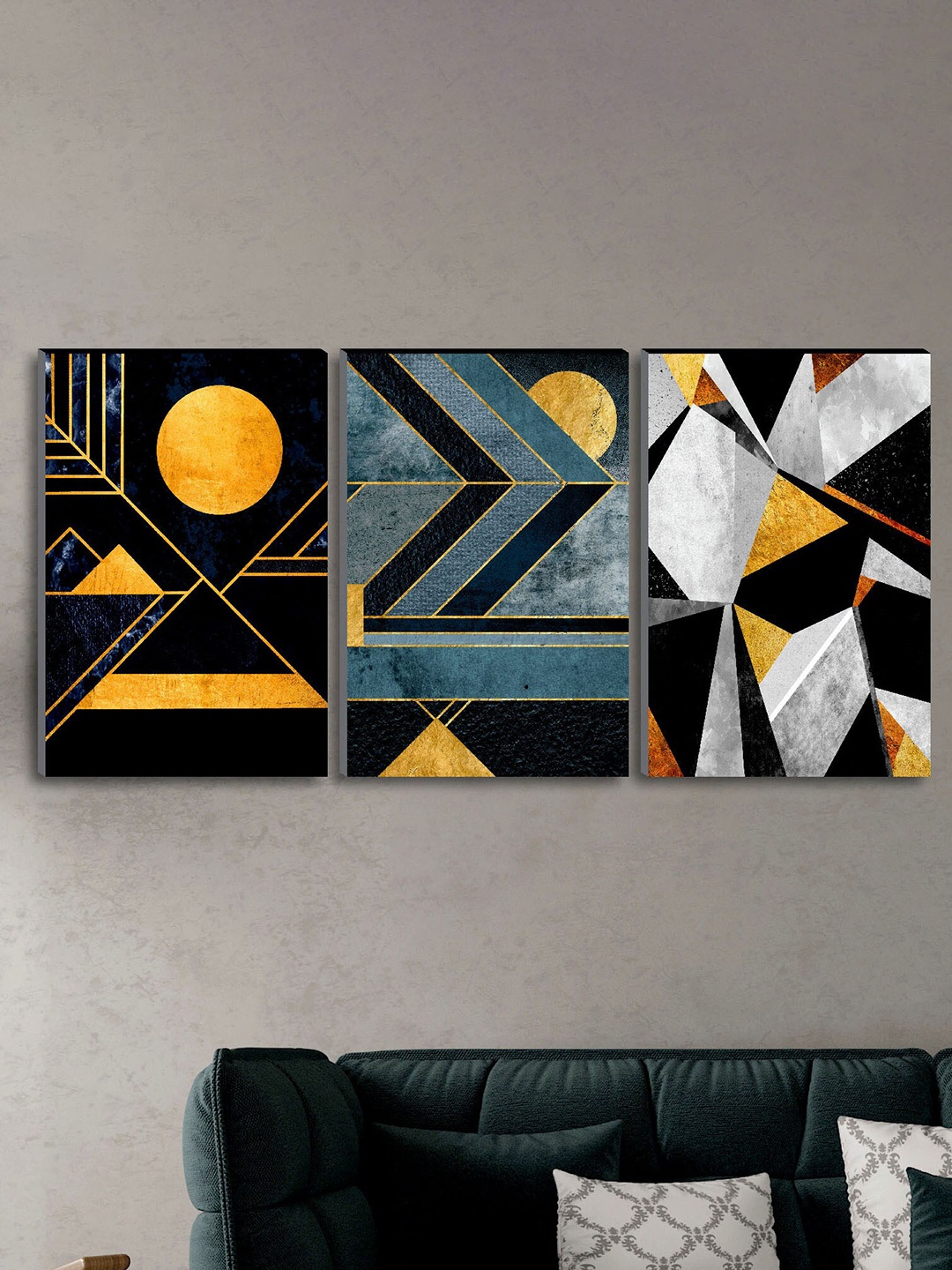 SAF Set of 3 Modern Art Large Panel UV Textured Wall Painting, Black