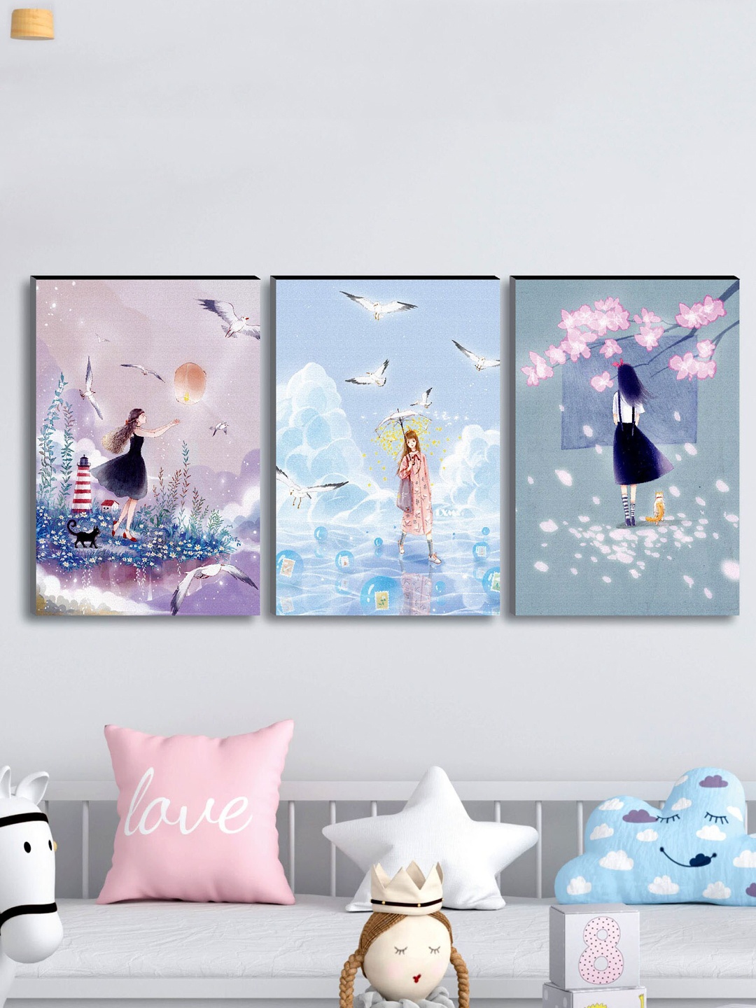 SAF Set of 3 Blue Modern Art Large Panel UV Textured Wall Painting