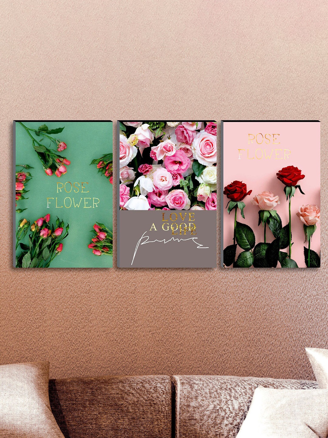 SAF Set of 3 Rose Flower Modern Art Large Panel UV Textured Wall Art, Green