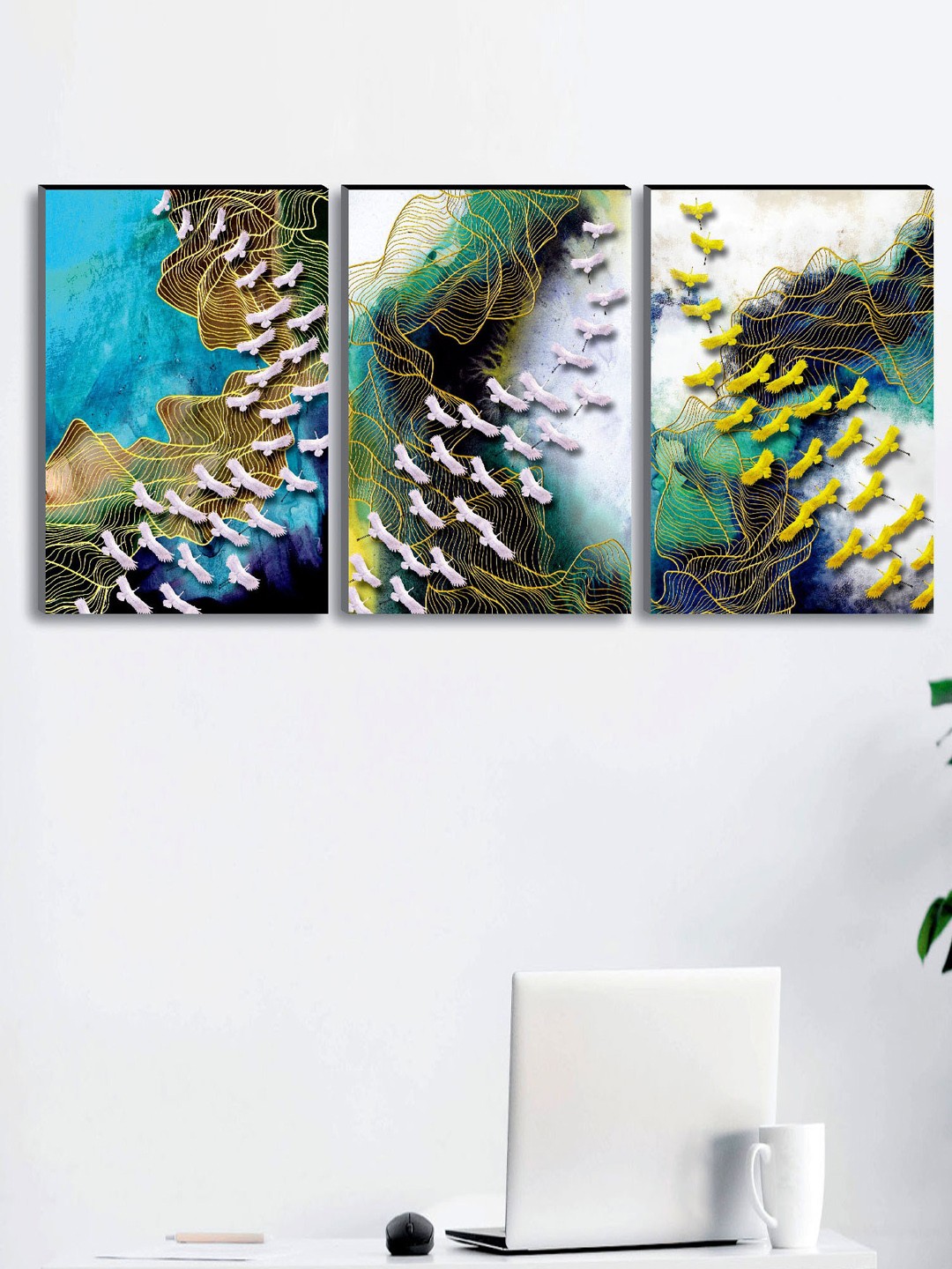

SAF Set of 3 Green & Blue Modern Art Large Panel UV Textured Wall Painting