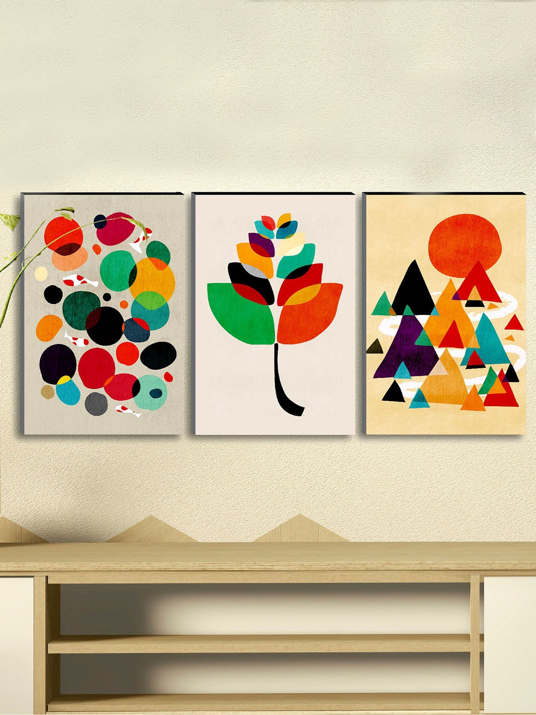 SAF Set of 3 Red & Green Textured Wall Painting